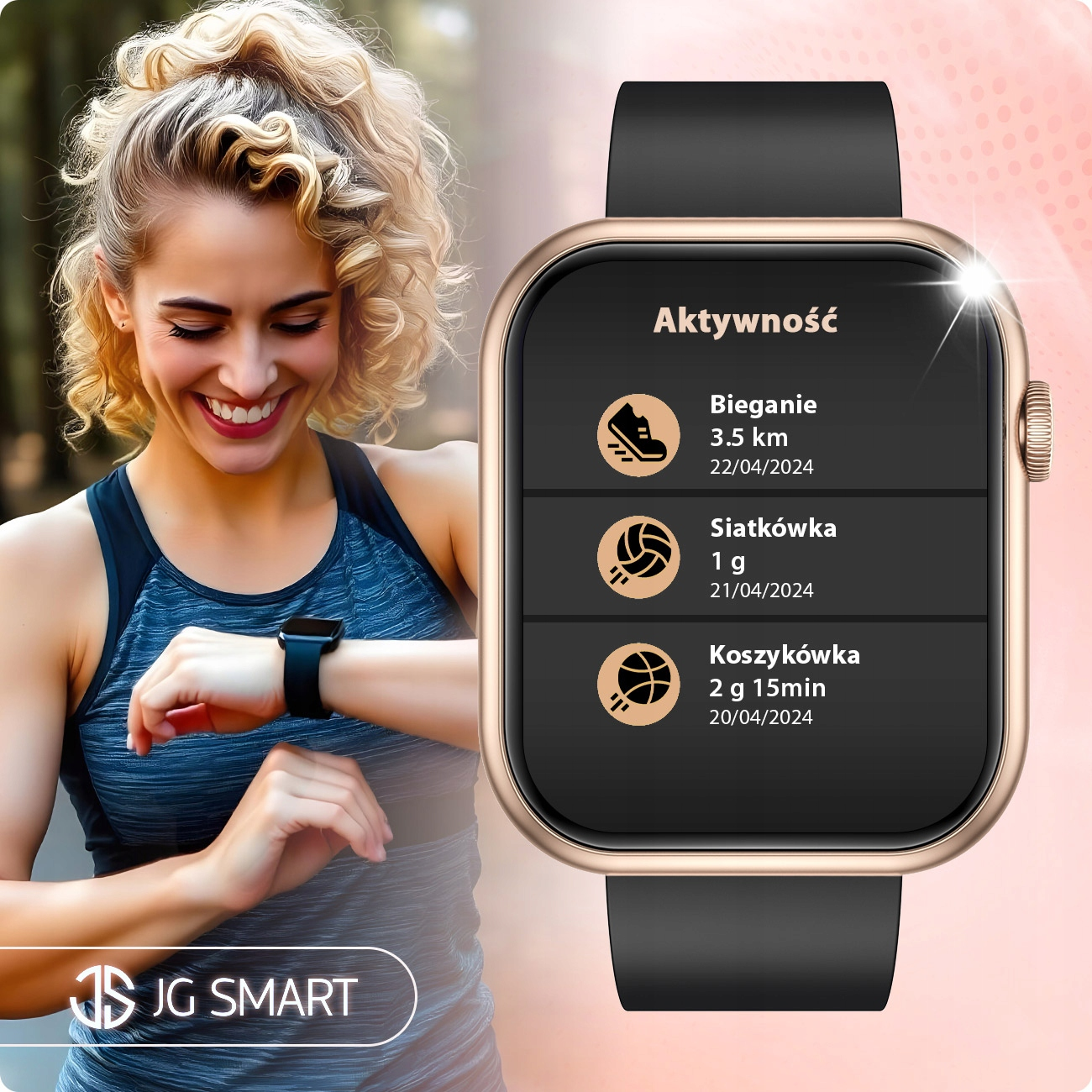 Kobieta z kręconymi włosami sprawdza smartwatcha z danymi aktywności.