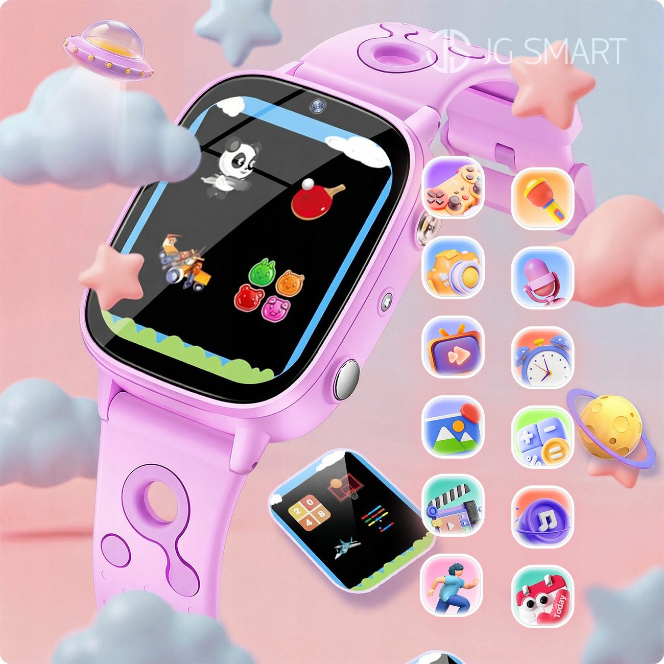 Różowy smartwatch z różnymi ikonami aplikacji na ekranie i obok.