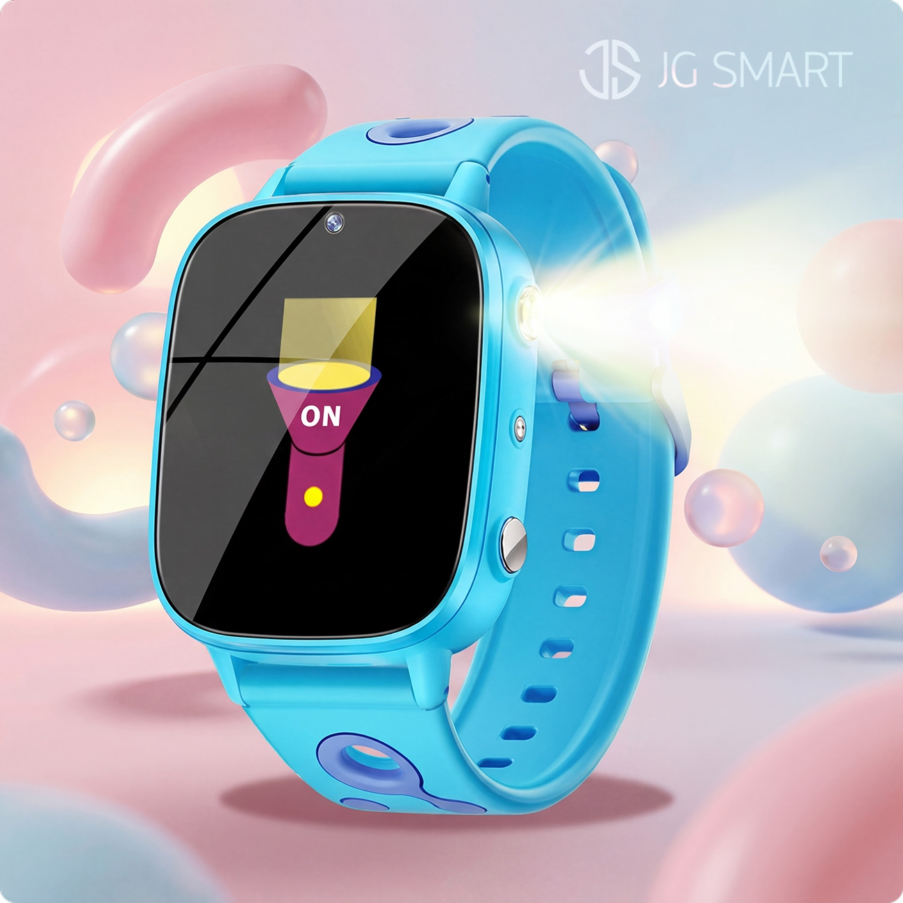 Niebieski smartwatch z zapaloną ikoną latarki na ekranie. Zegarek ma niebieski pasek.