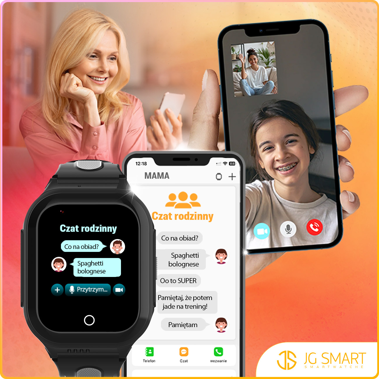 Kobieta trzyma smartfon z wideorozmową. Zegarek typu smartwatch jest na pierwszym planie.