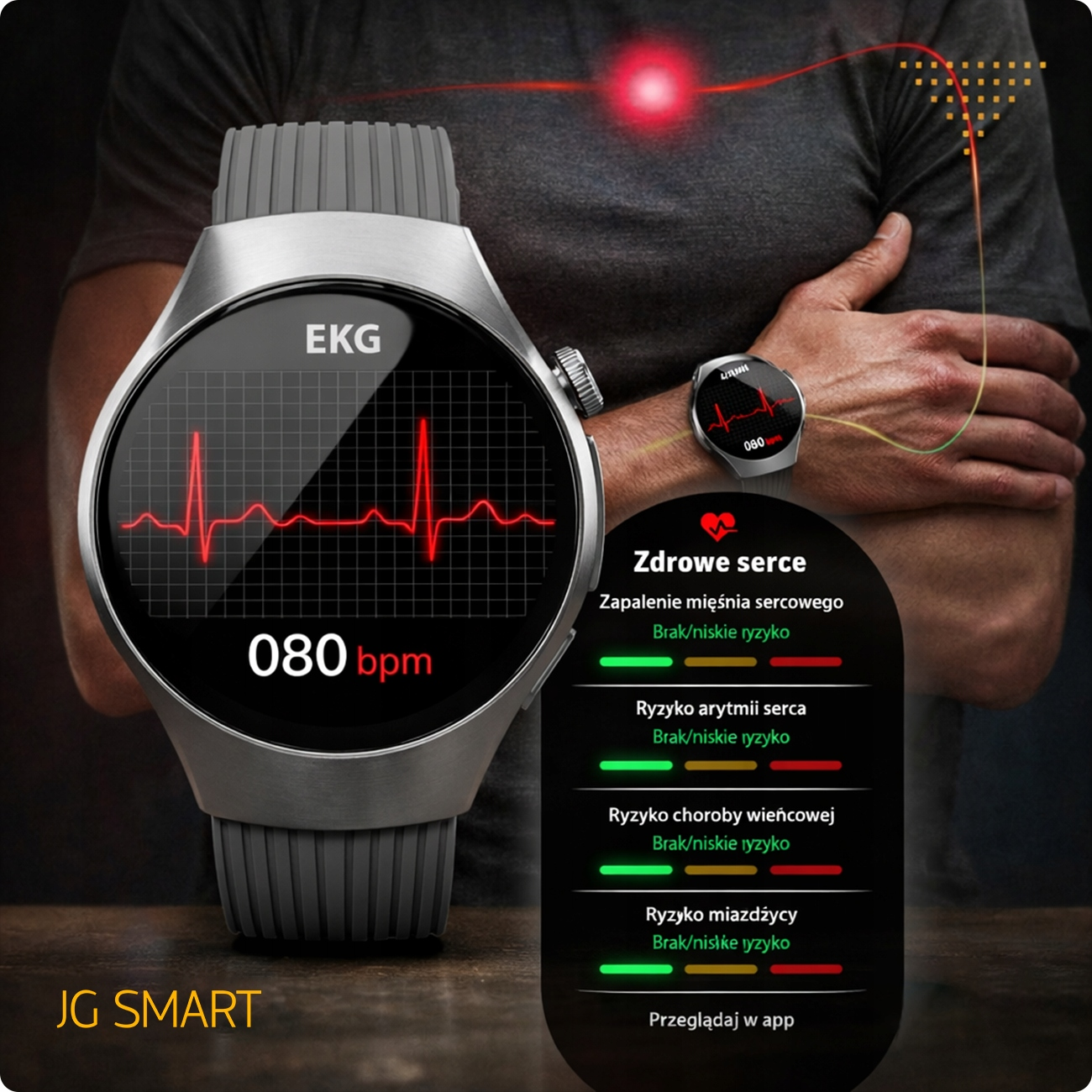 Smartwatch z wyświetlaczem EKG i kontrolą zdrowia serca.