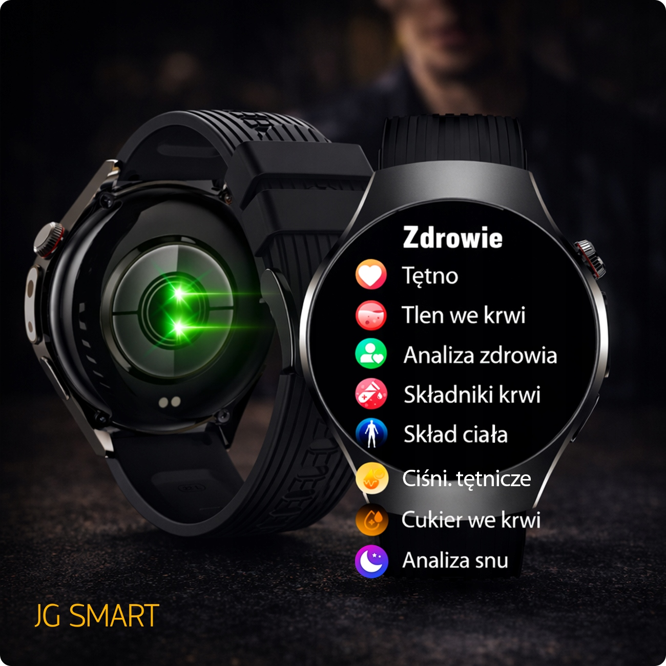 Czarny smartwatch wyświetlający wskaźniki zdrowia, takie jak tętno i poziom tlenu we krwi.