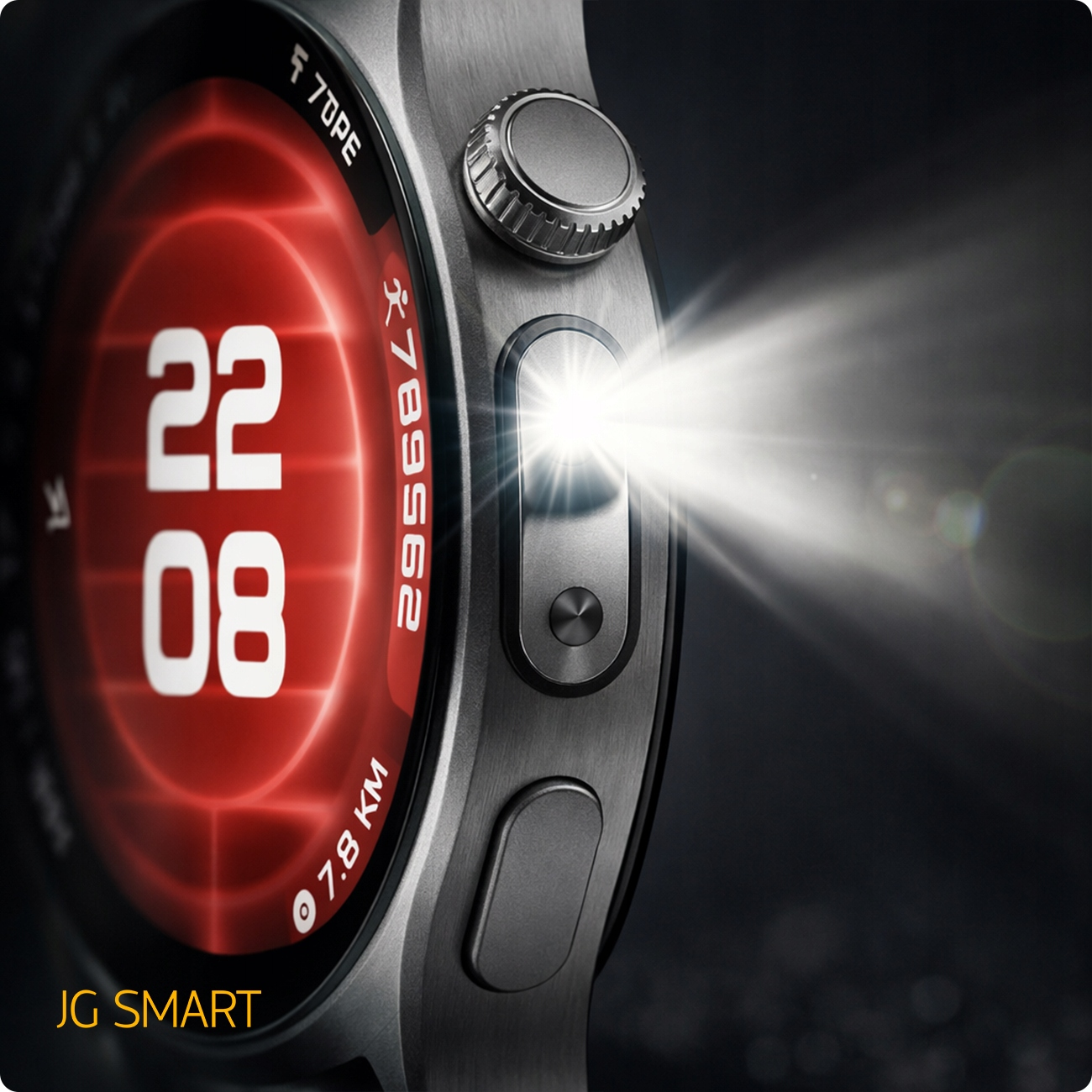 Szary smartwatch z podświetlanym ekranem i snopem latarki.