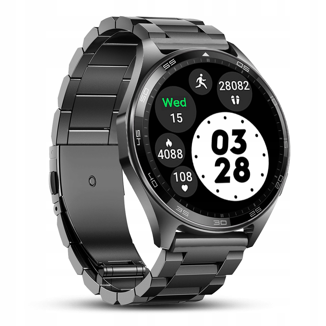 Czarny smartwatch z metalową bransoletą. Tarcza wyświetla godzinę, datę i wskaźniki kondycji.