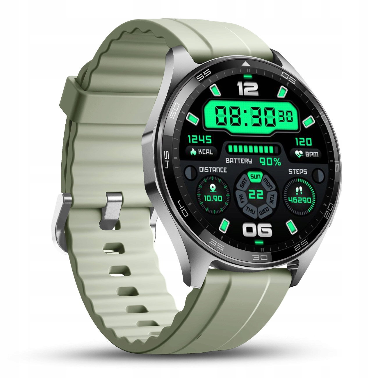 Zielony smartwatch z srebrną obudową i cyfrowym wyświetlaczem pokazującym 8:30.