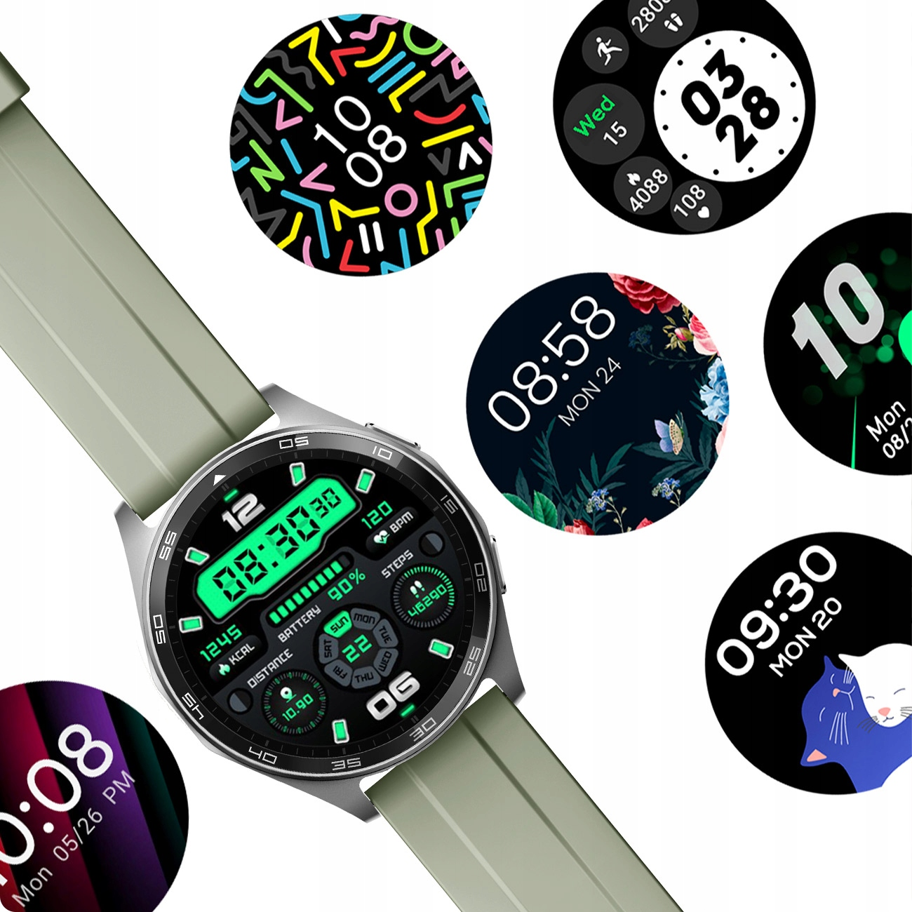 Szary wyświetlacz smartwatch pokazuje godzinę, datę, kroki i baterię. Widocznych jest kilka tarcz.