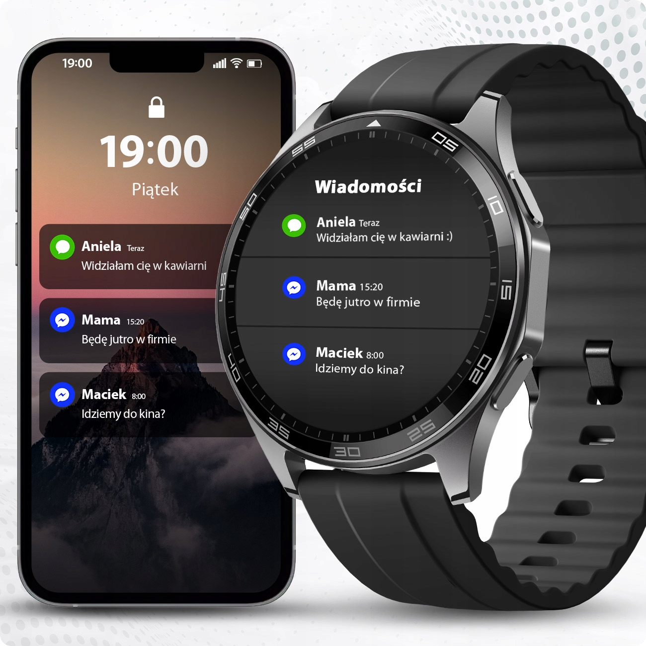 Smartfon wyświetla powiadomienia, obok zegarek smart z wiadomościami.