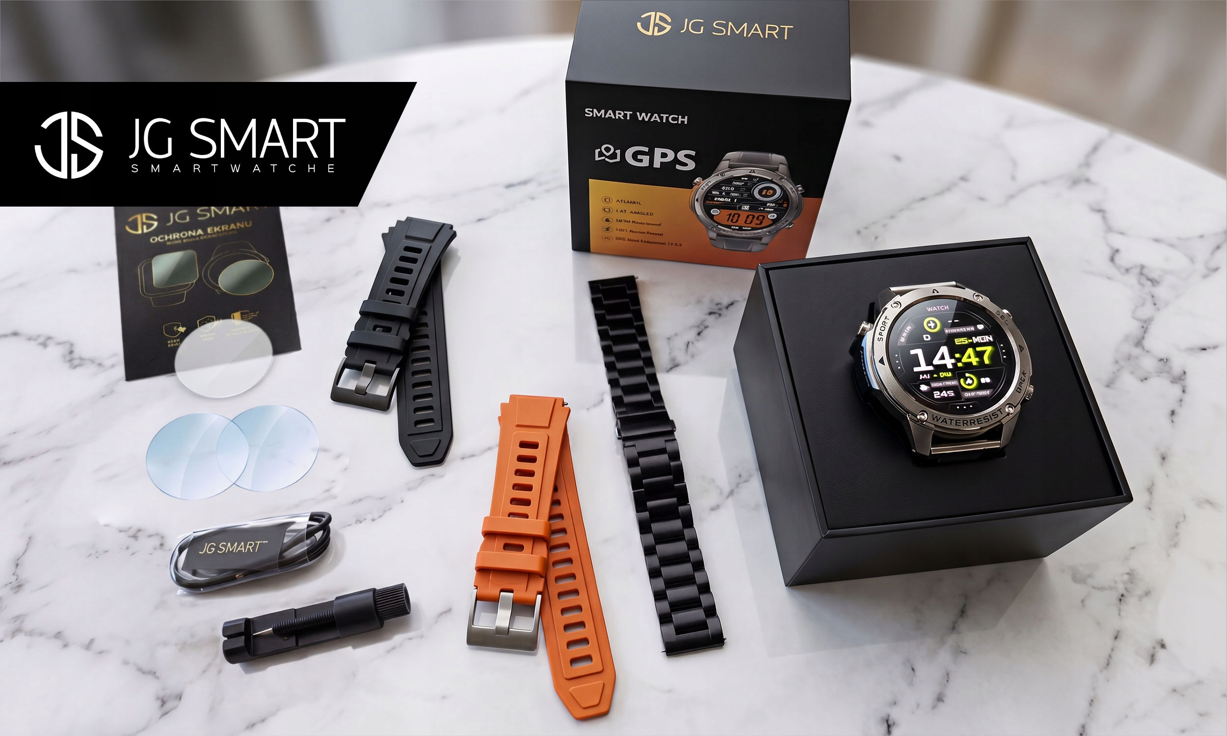 Akcesoria do smartwatcha JG Smart: paski, folie ochronne i kabel ładujący na marmurze.