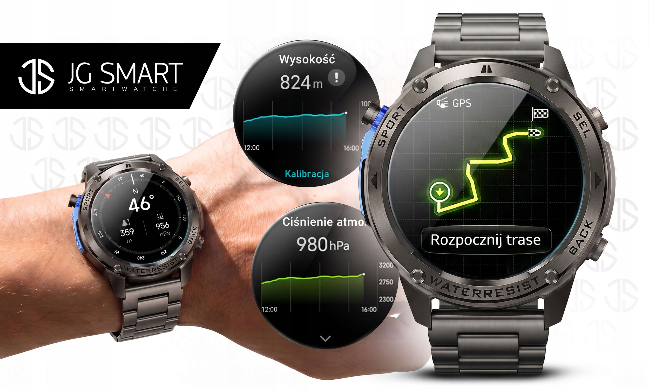 Zegarek smartwatch z srebrną bransoletą wyświetla dane o wysokości i ciśnieniu.
