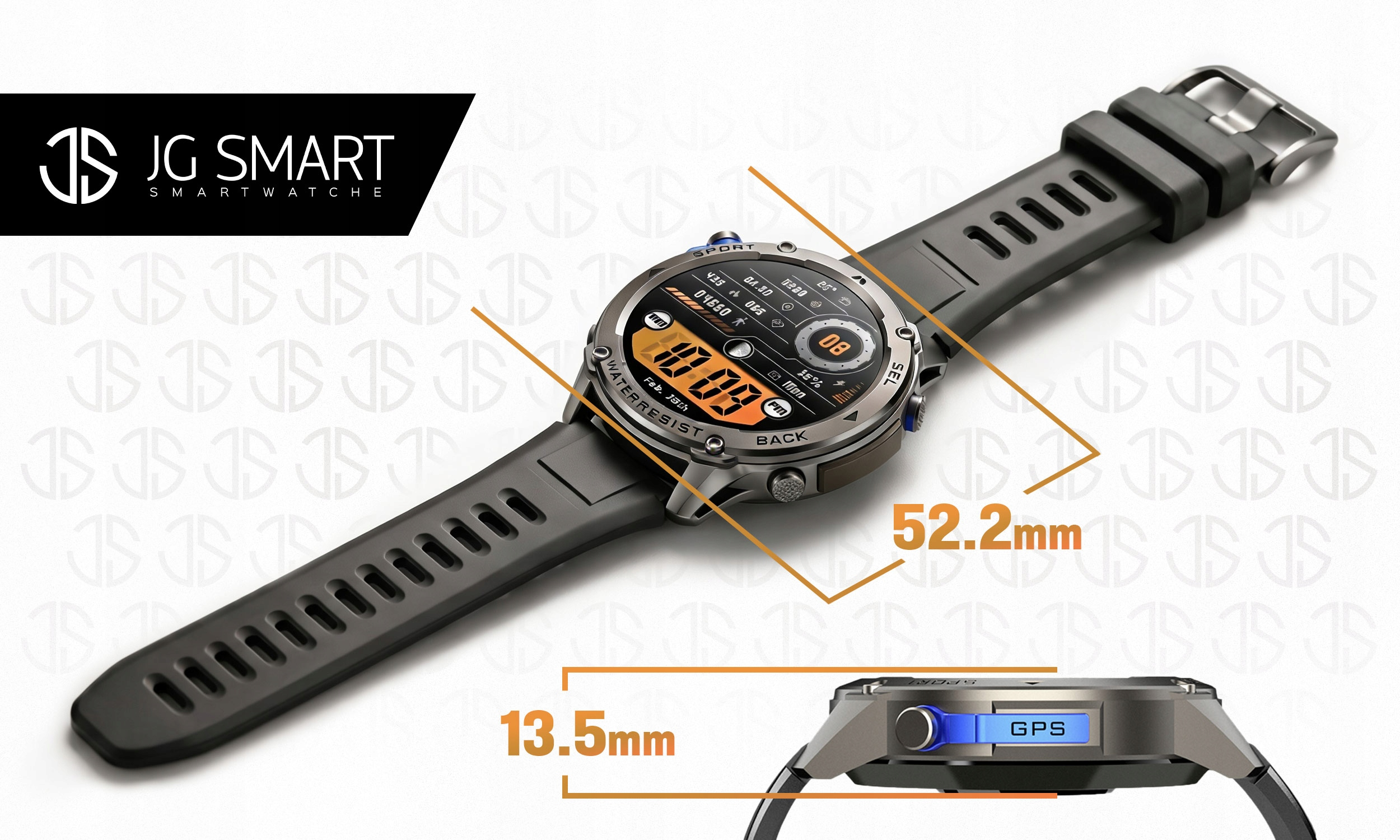 Smartwatch z szarym paskiem wyświetla czas, tętno i baterię na ekranie.