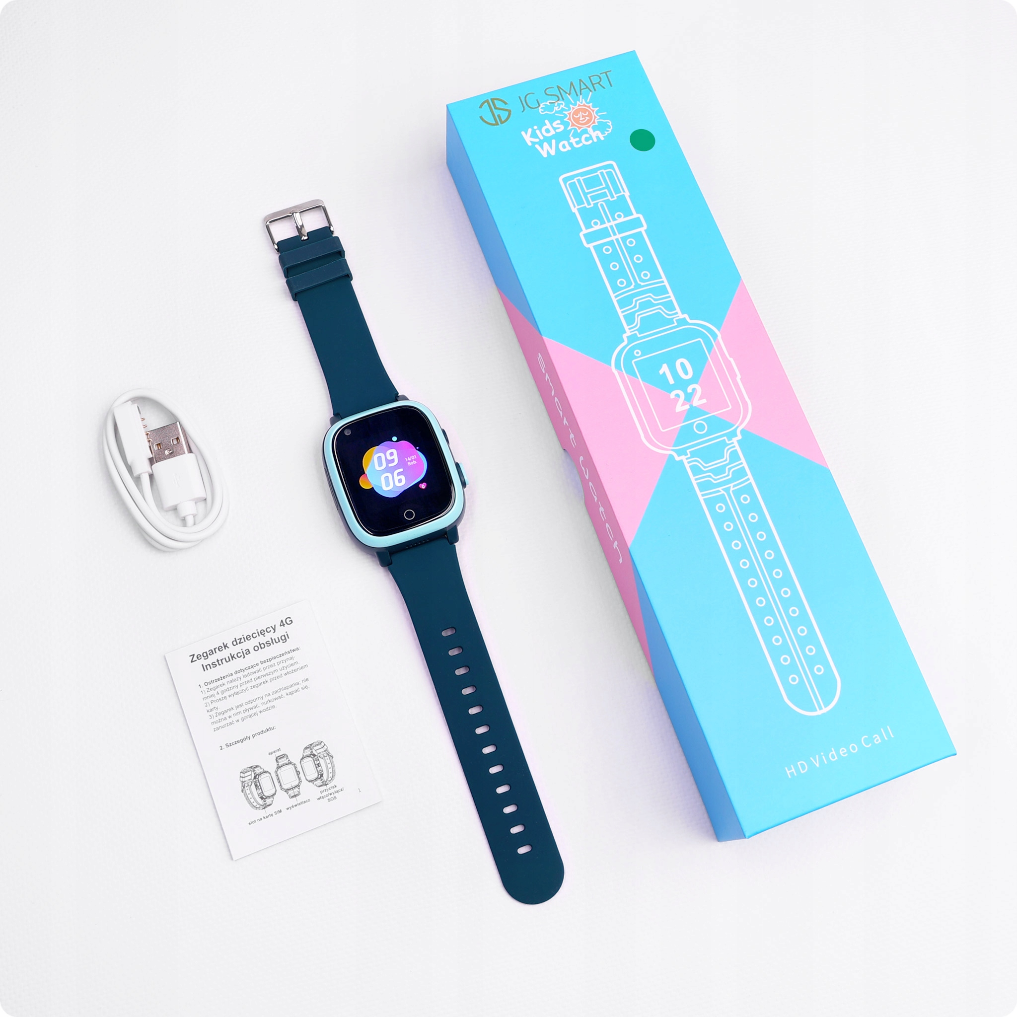 Niebiesko-zielony smartwatch dla dzieci, kabel ładujący i instrukcja na białym tle.