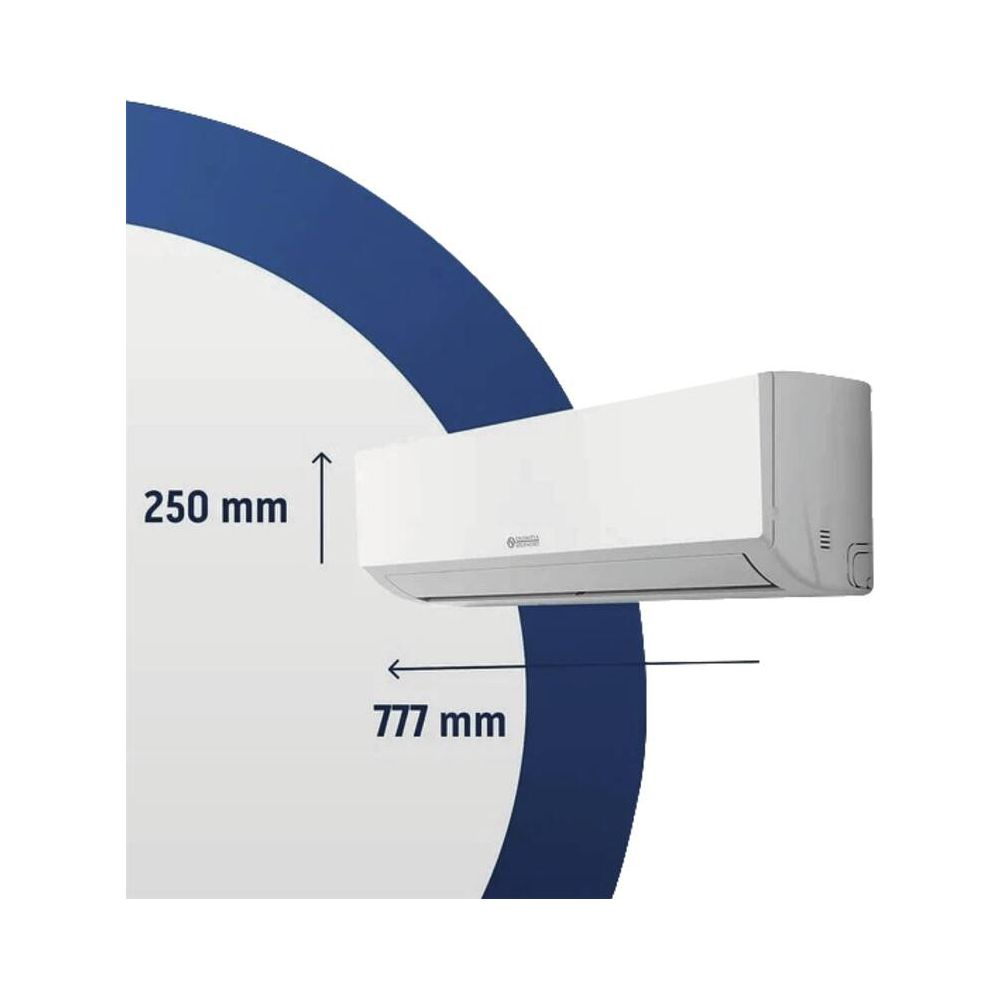 Weiße Klimaanlage mit Maßen 250 mm und 777 mm auf weißem Hintergrund.