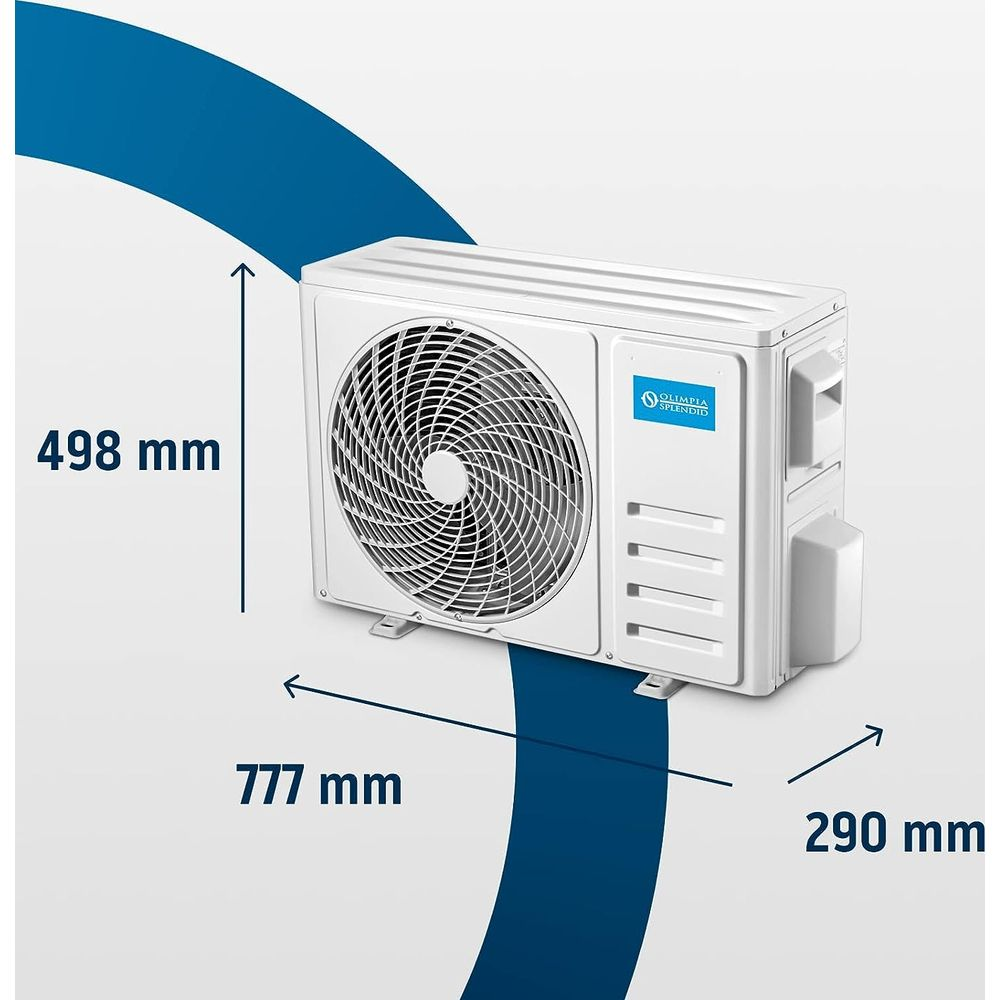 Un'unità di condizionamento dell'aria bianca con ventola e dimensioni 498 mm, 777 mm e 290 mm.