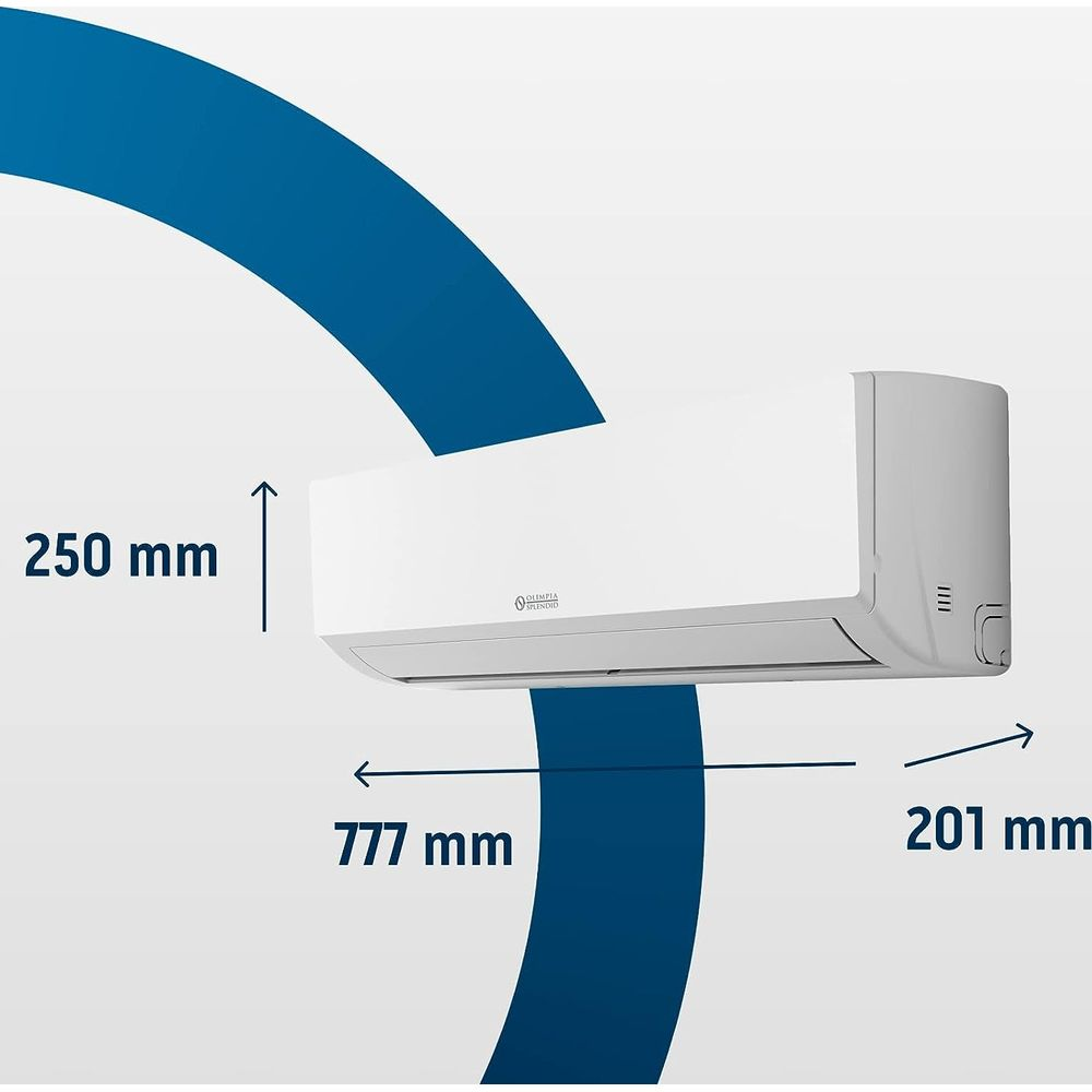 Un condizionatore bianco con dimensioni 777x250x201 mm e logo Olimpia Splendid.