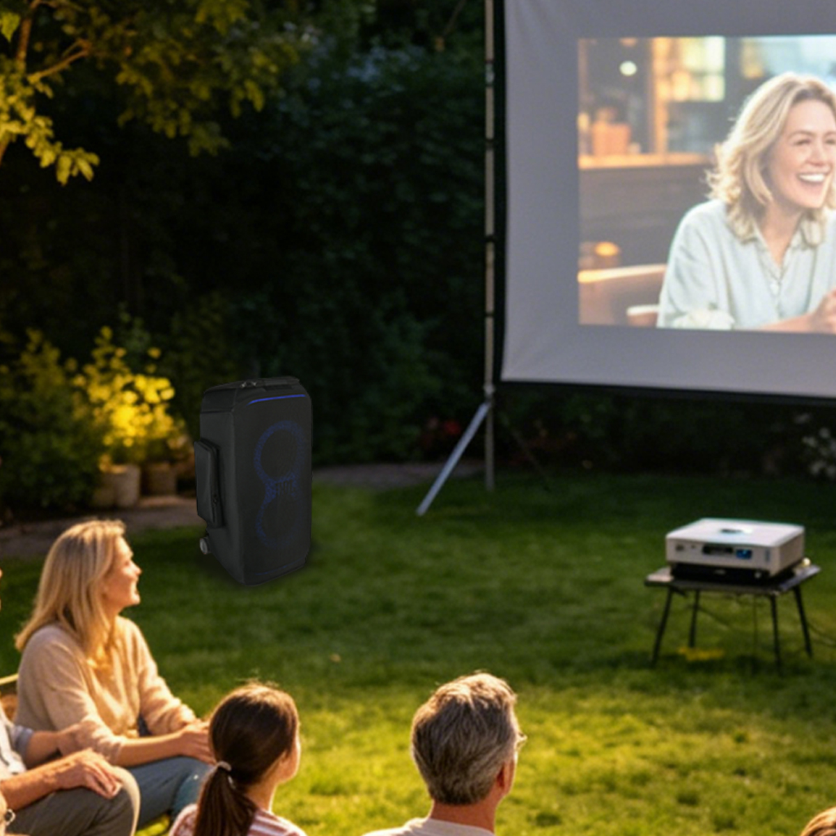 People watch movie on projector screen in garden with speaker and projector.
