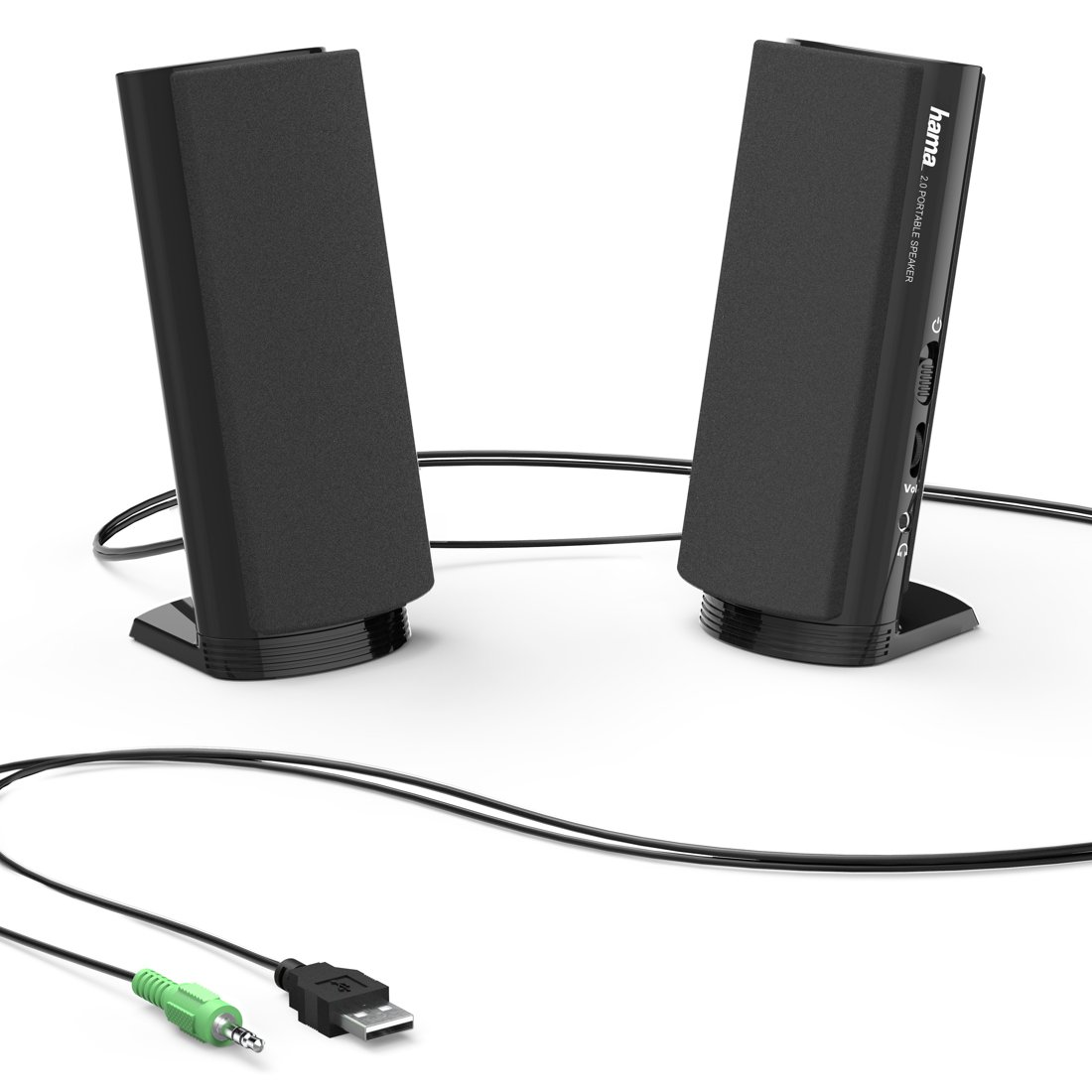 Zwei schwarze Lautsprecher mit Audiokabel und USB-Stecker.