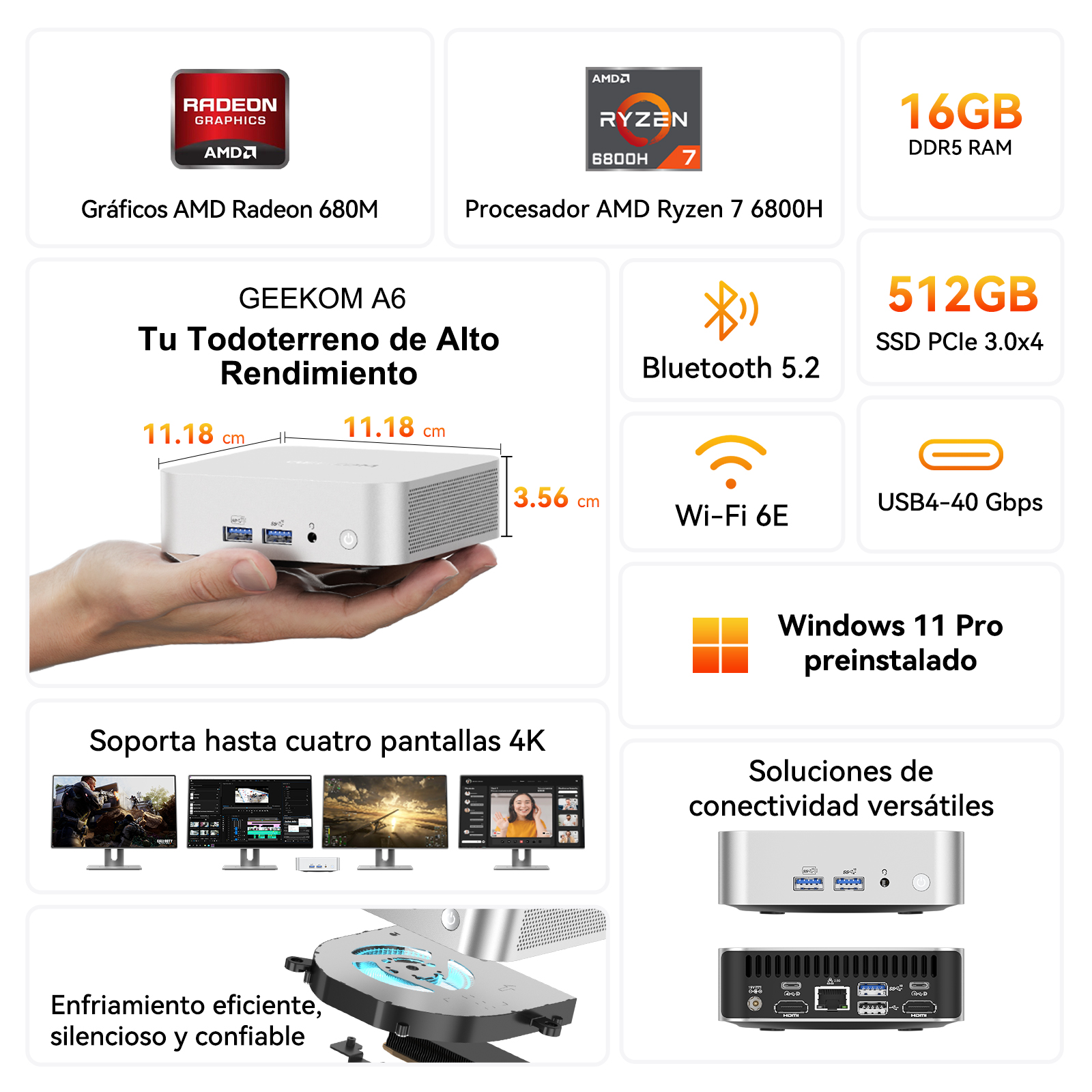 Un Mini PC GEEKOM A6 con AMD Ryzen 7 6800H, 16GB RAM, 512GB SSD, Bluetooth 5.2, Wi-Fi 6E, Win 11 Pro.