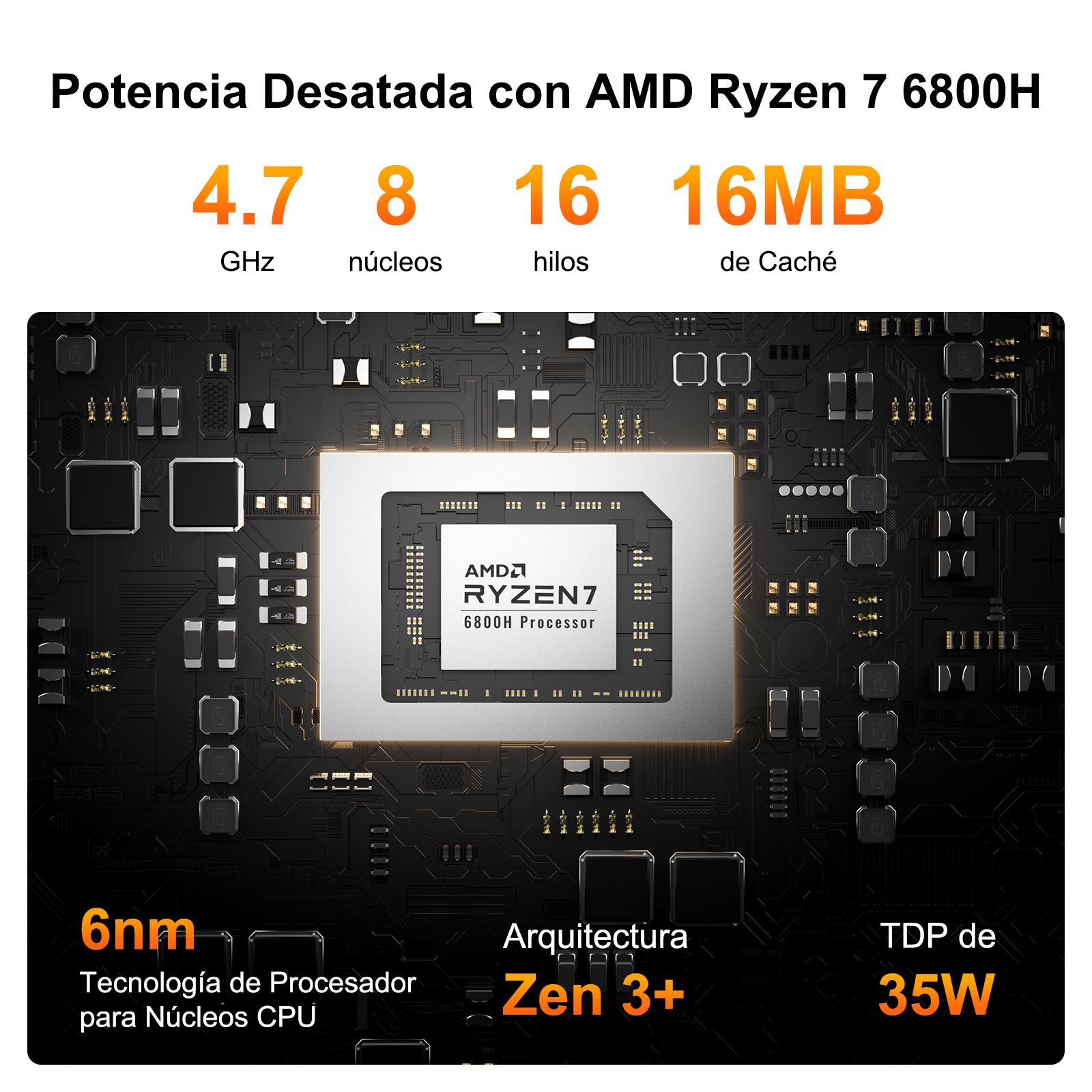 Procesador AMD Ryzen 7 6800H: 4.7 GHz, 8 núcleos, 16 hilos, 16MB caché, 6nm, Zen 3+