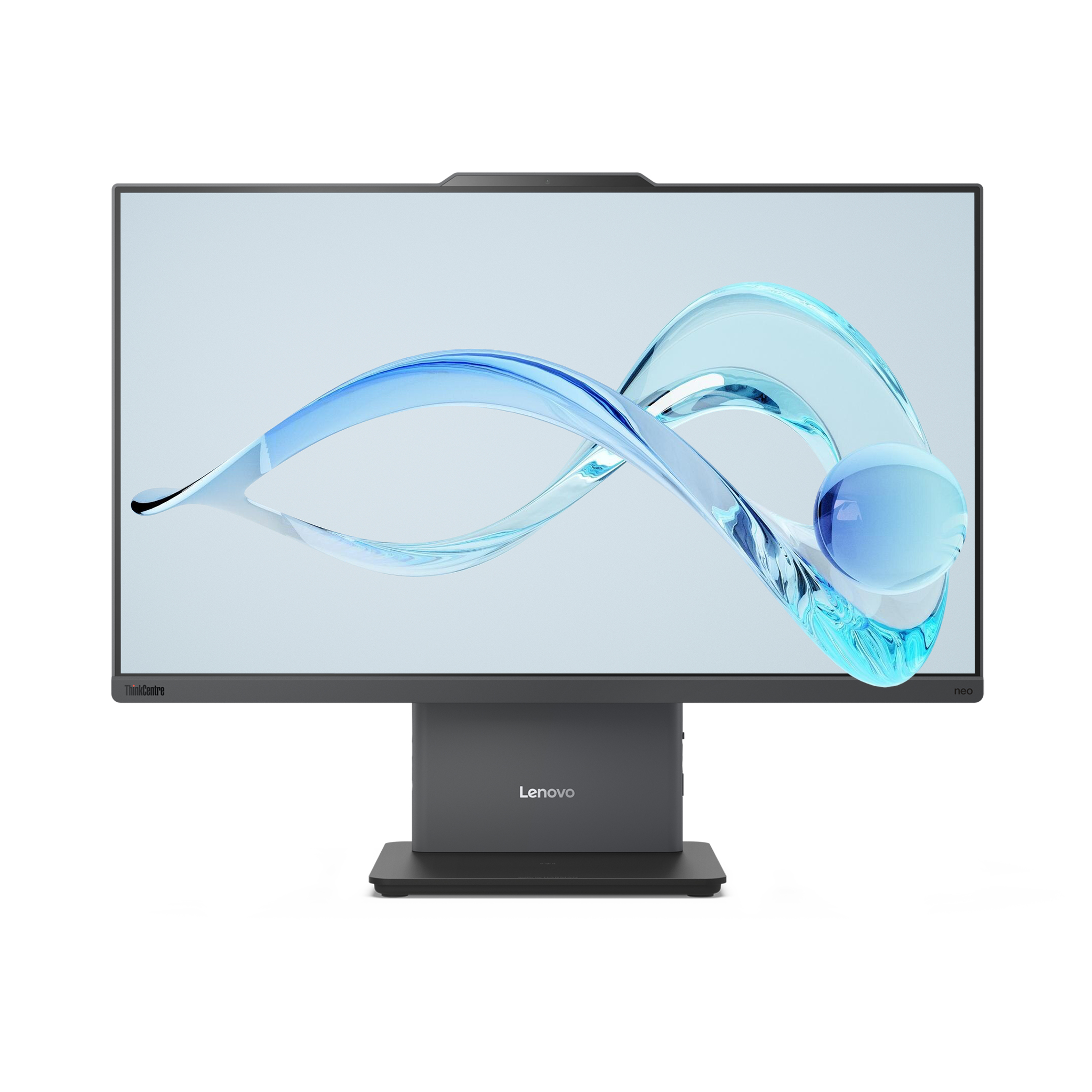 Ekranında soyut mavi su efekti gösteren modern bir Lenovo monitör.