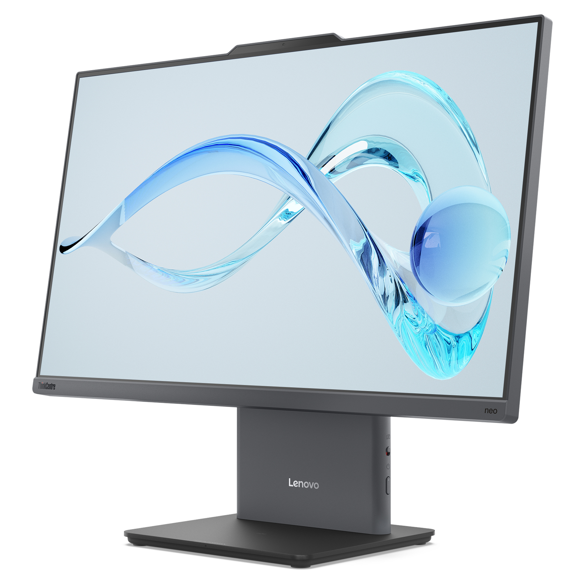 Ekranında mavi yarı saydam grafik bulunan gri Lenovo monitör.
