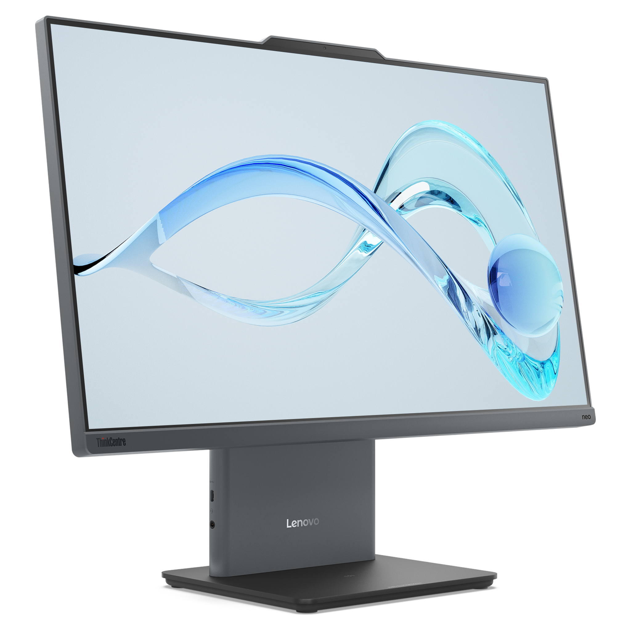 Ekranında mavi dalgalı desen gösteren gri Lenovo monitör.