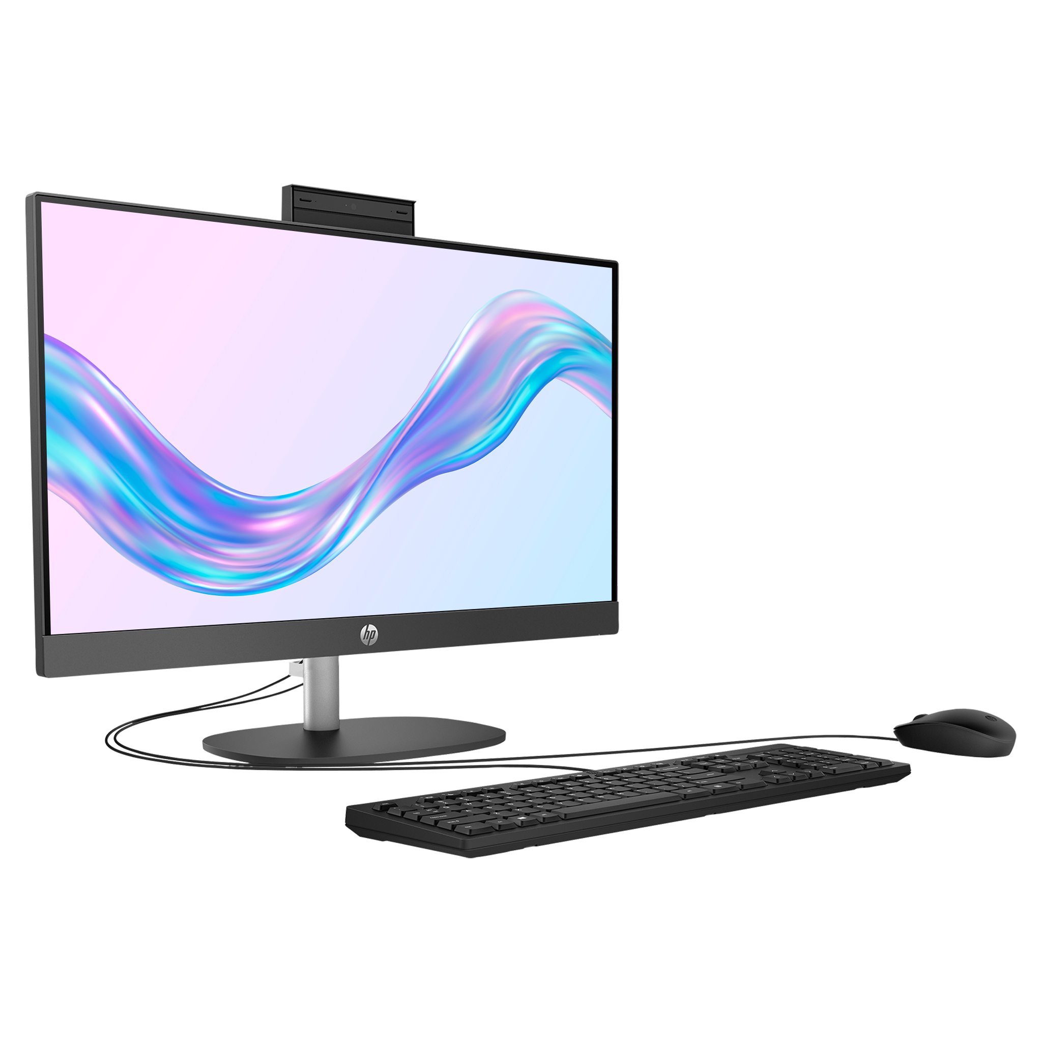 Beyaz arka plan üzerinde klavyeli ve fareli siyah HP All-in-One bilgisayar.