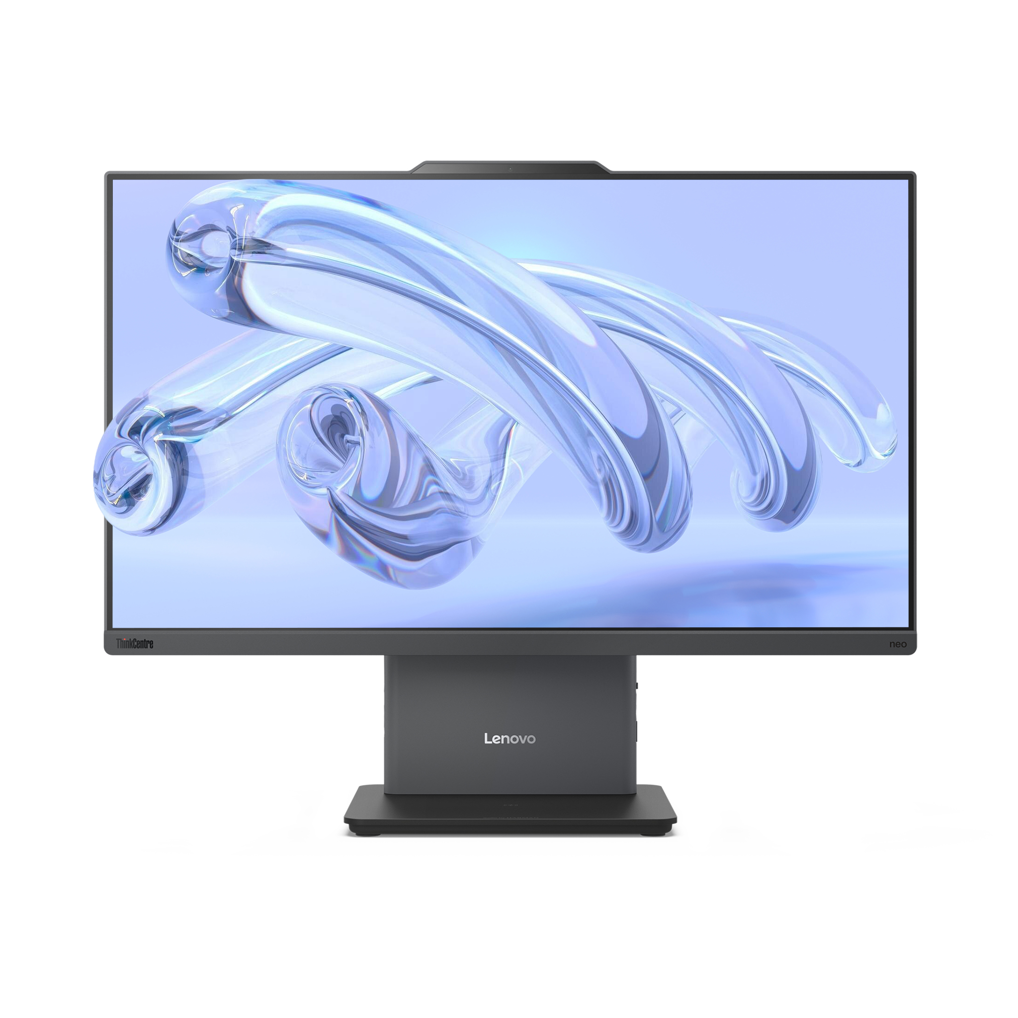 Mavi soyut ekran koruyucu gösteren gri Lenovo monitör.