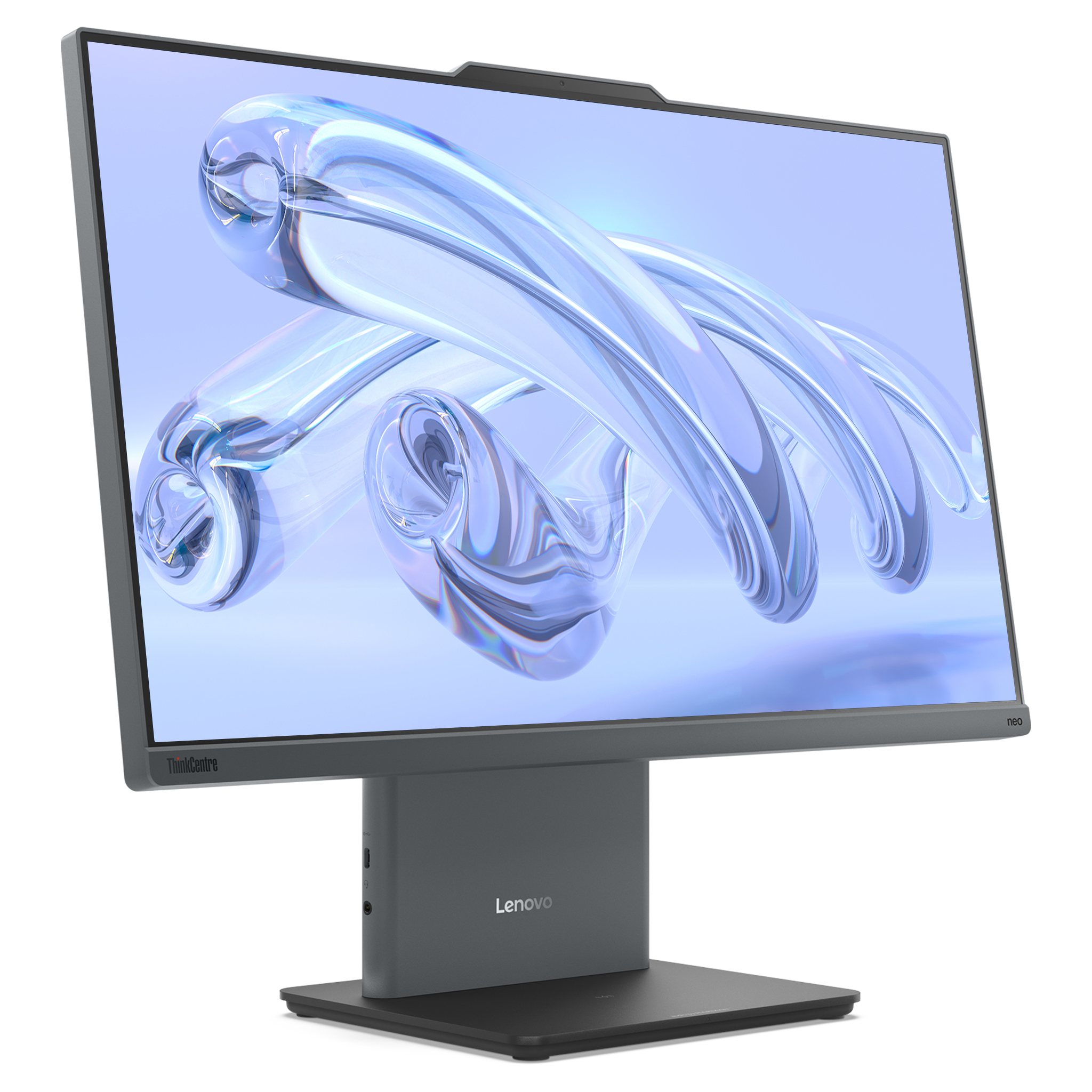 Ekranında soyut mavi grafik bulunan gri bir Lenovo monitör.