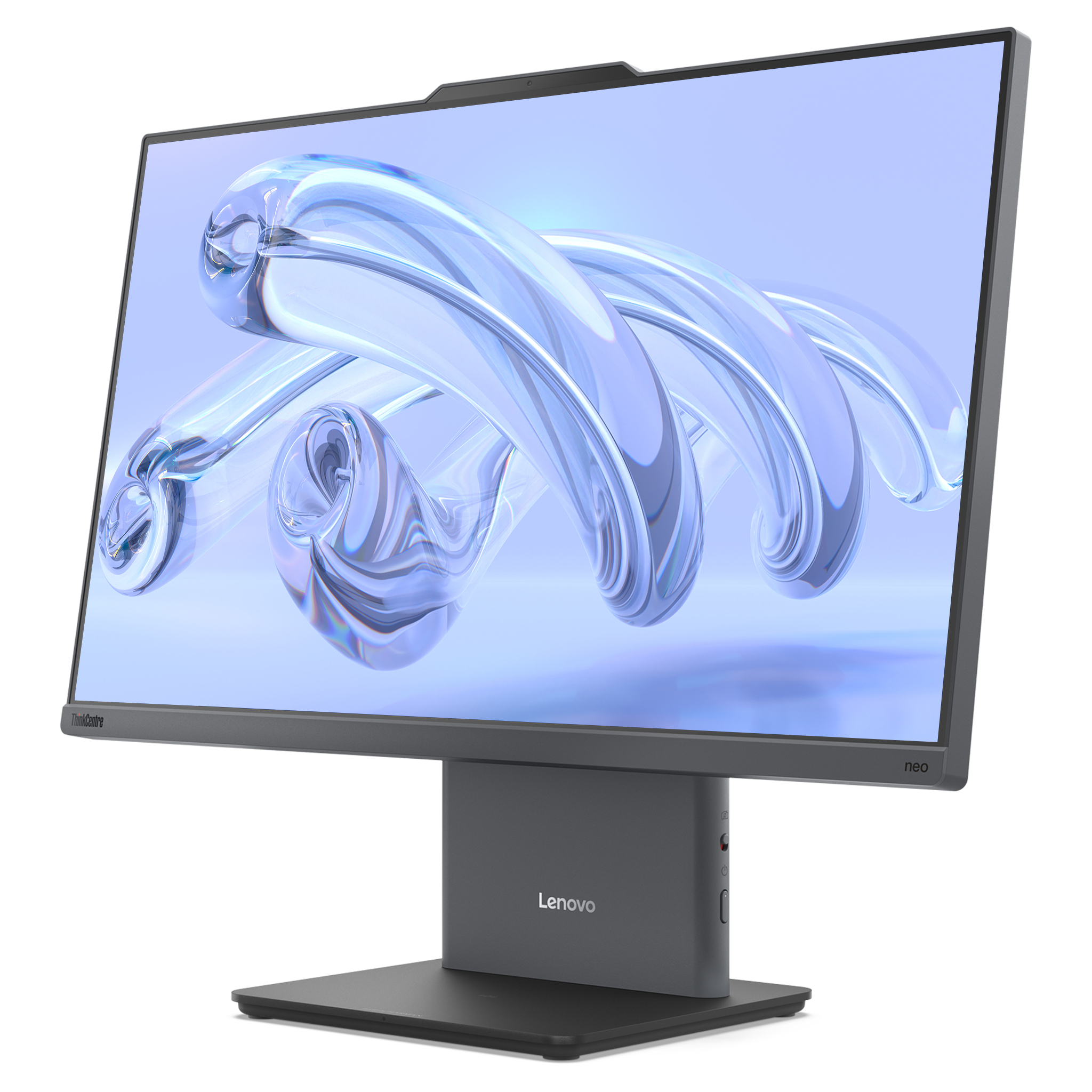Açık mavi arka plan üzerinde soyut mavi cam nesne gösteren gri bir Lenovo monitörü.
