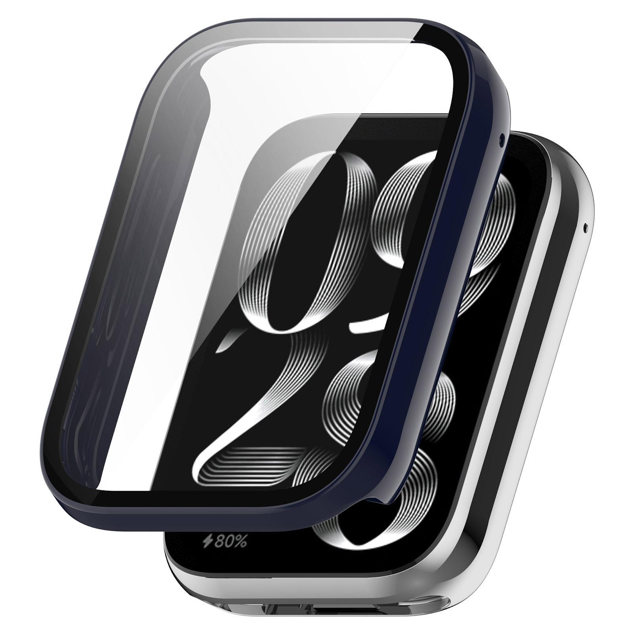 Eine dunkelblaue Schutzhülle für eine Smartwatch mit silbernem Gehäuse und schwarzem Zifferblatt.