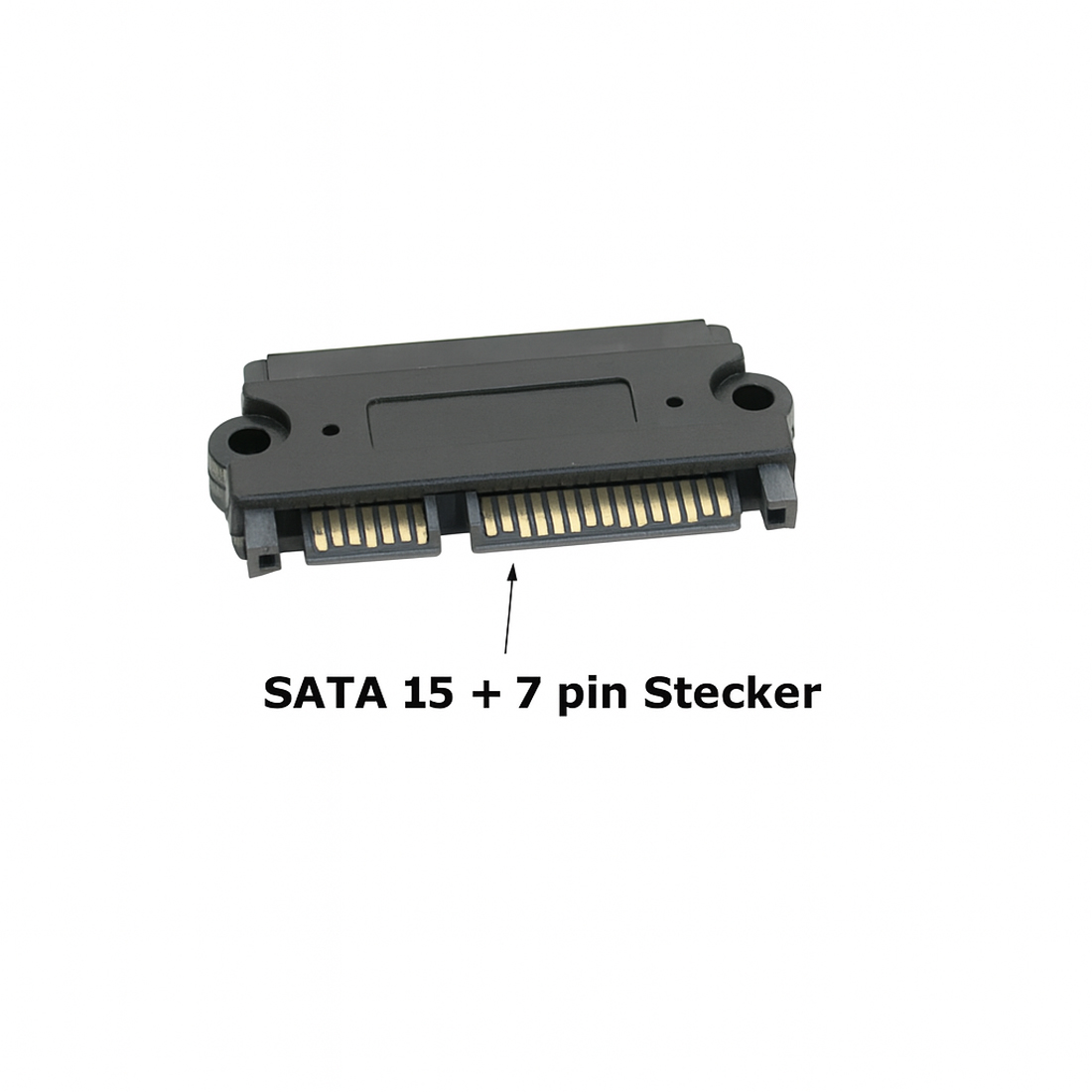 Schwarzer SATA 15+7 Pin Stecker mit goldenen Pins auf weißem Hintergrund.