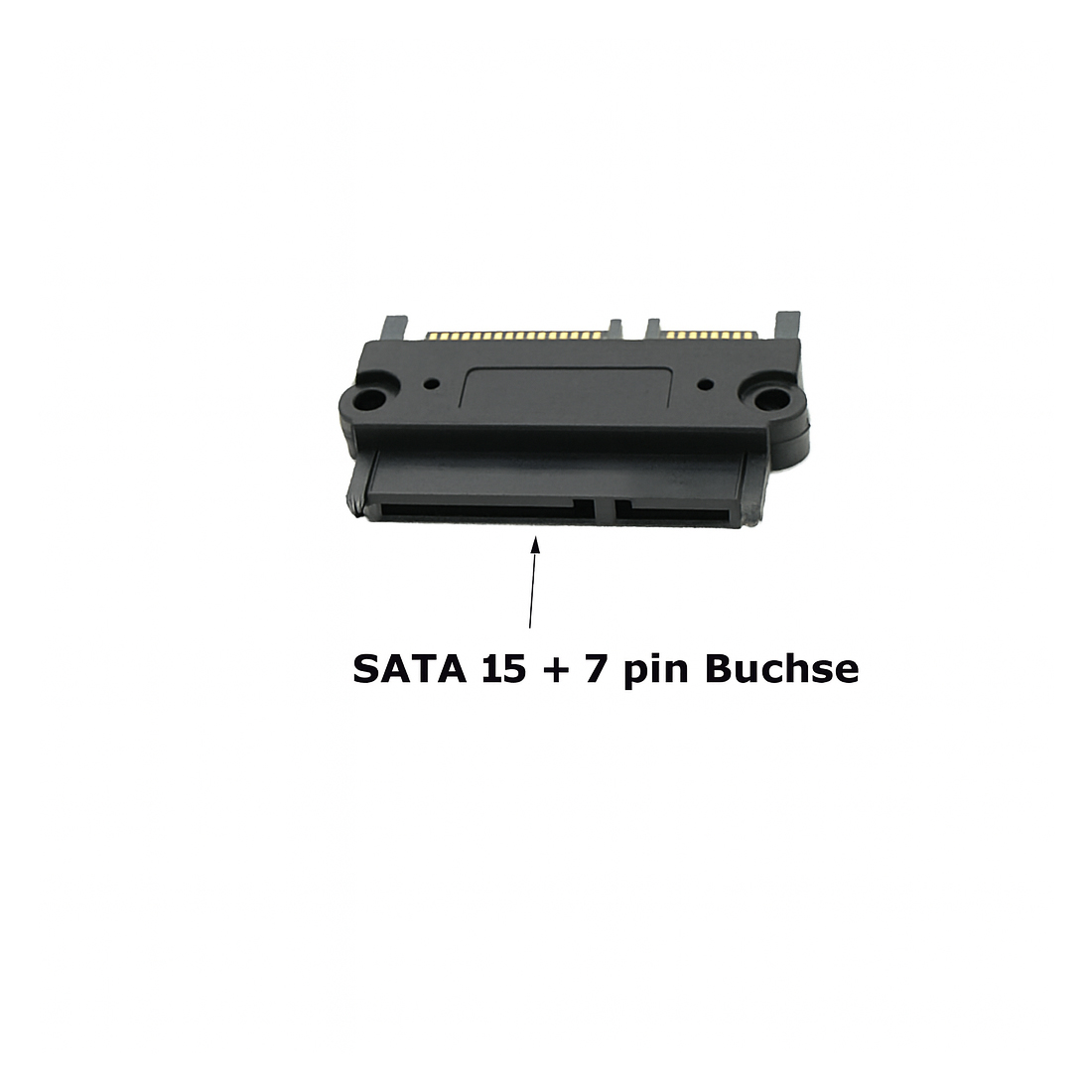 Schwarzer SATA-Anschluss mit 15+7 Pins auf weißem Hintergrund.