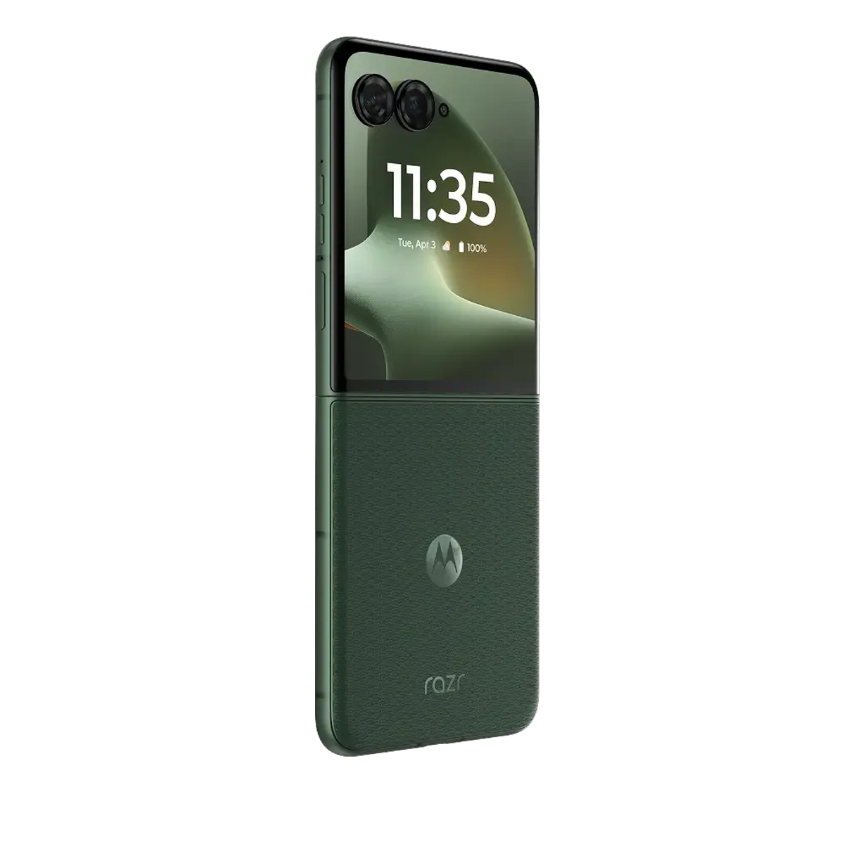 Ein grünes Motorola Razr Klapphandy mit zwei Kameras und 11:35 Uhr auf dem Bildschirm.