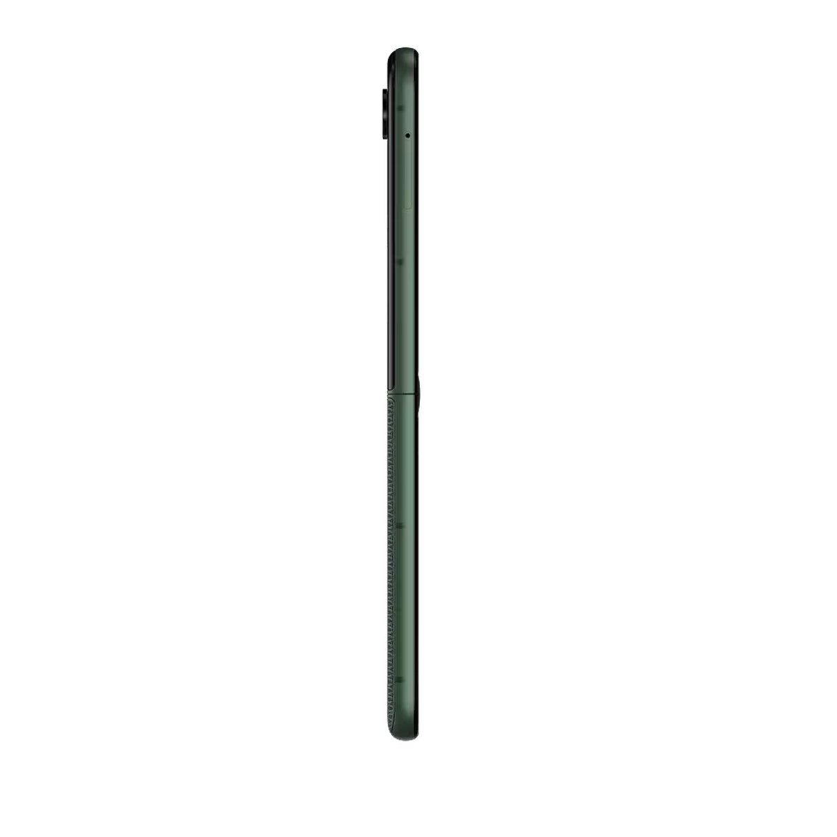 Ein geschlossenes dunkelgrünes Smartphone im Seitenprofil auf schwarzem Hintergrund.