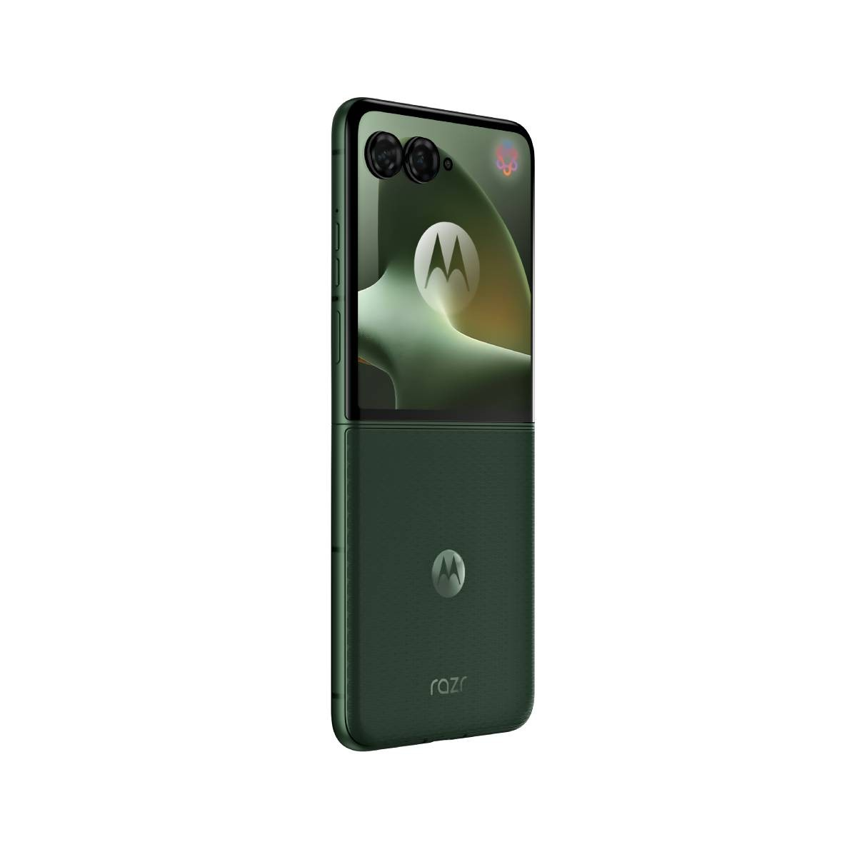 Ein dunkles, faltbares Motorola Razr-Telefon mit zwei Kameras und einem Motorola-Logo.