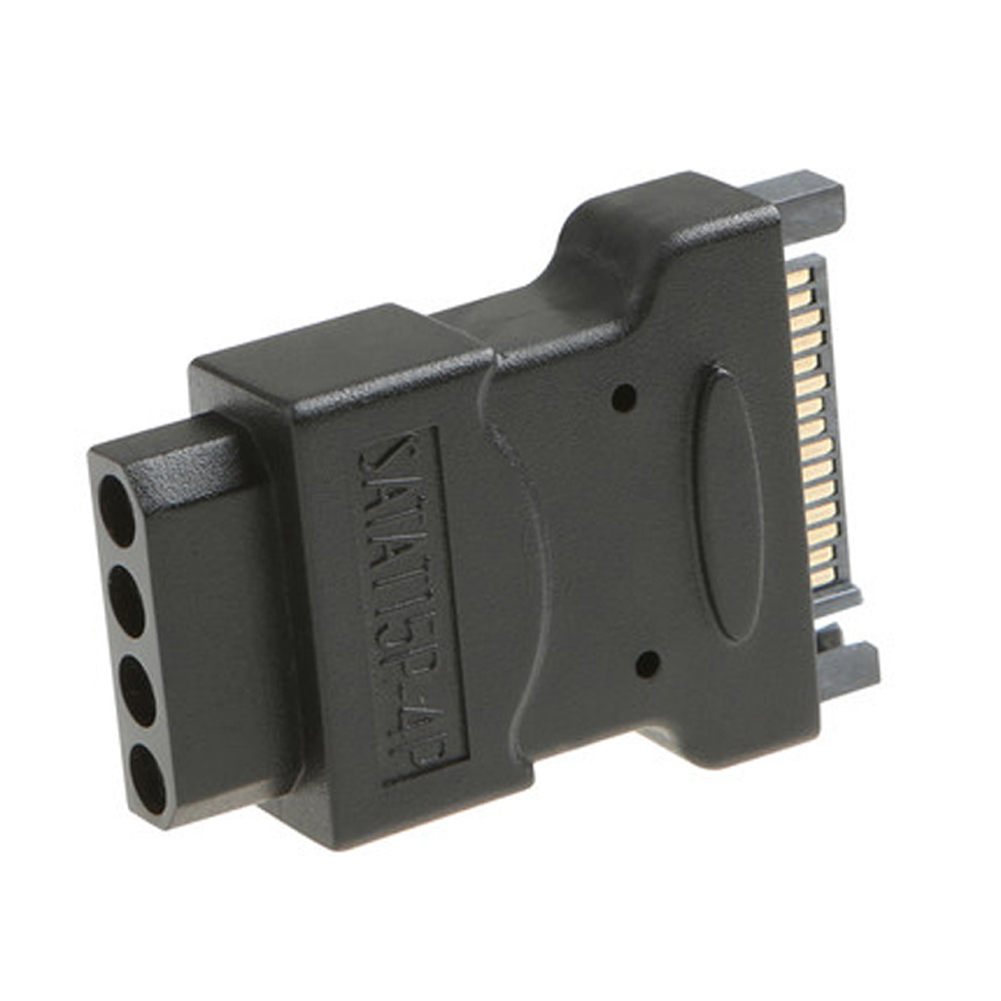 Schwarzer SATA-Stromadapter mit 4-poligem Stecker und 15-poliger Buchse.