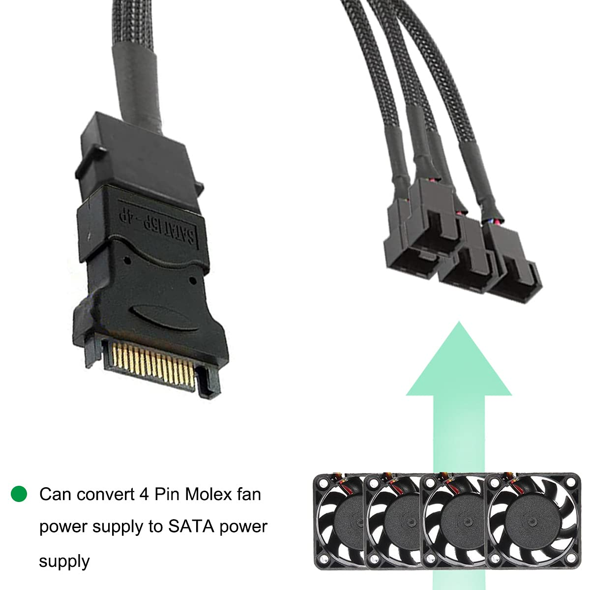 Schwarzes SATA-zu-4-Pin-Molex-Adapterkabel mit drei Lüfteranschlüssen.