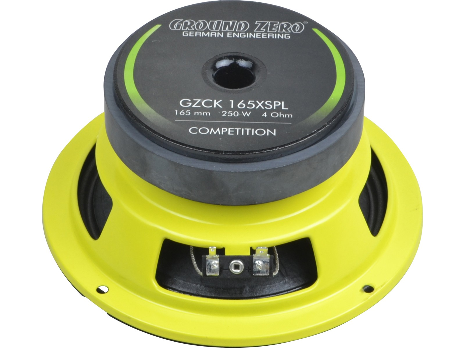 Ein gelber Lautsprecher mit schwarzem Aufdruck und Modellnummer GZCK 165XSPL.