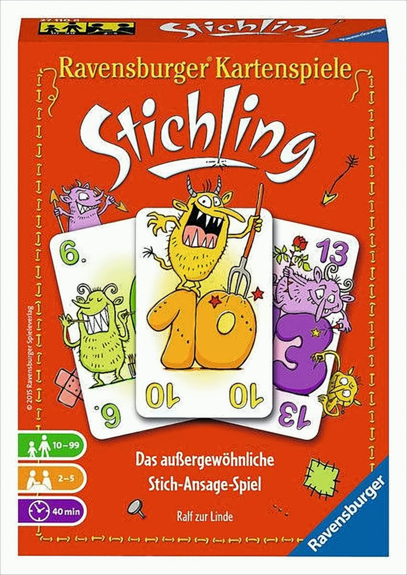 Schachtel des Kartenspiels Stichling von Ravensburger mit Monstern und Zahlenkarten.