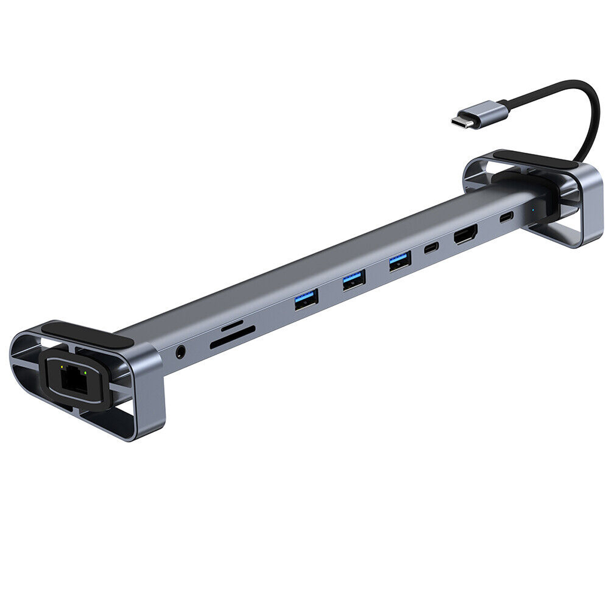 Graue Dockingstation mit USB-, HDMI-, SD-Kartensteckplätzen und Ethernet-Anschluss.