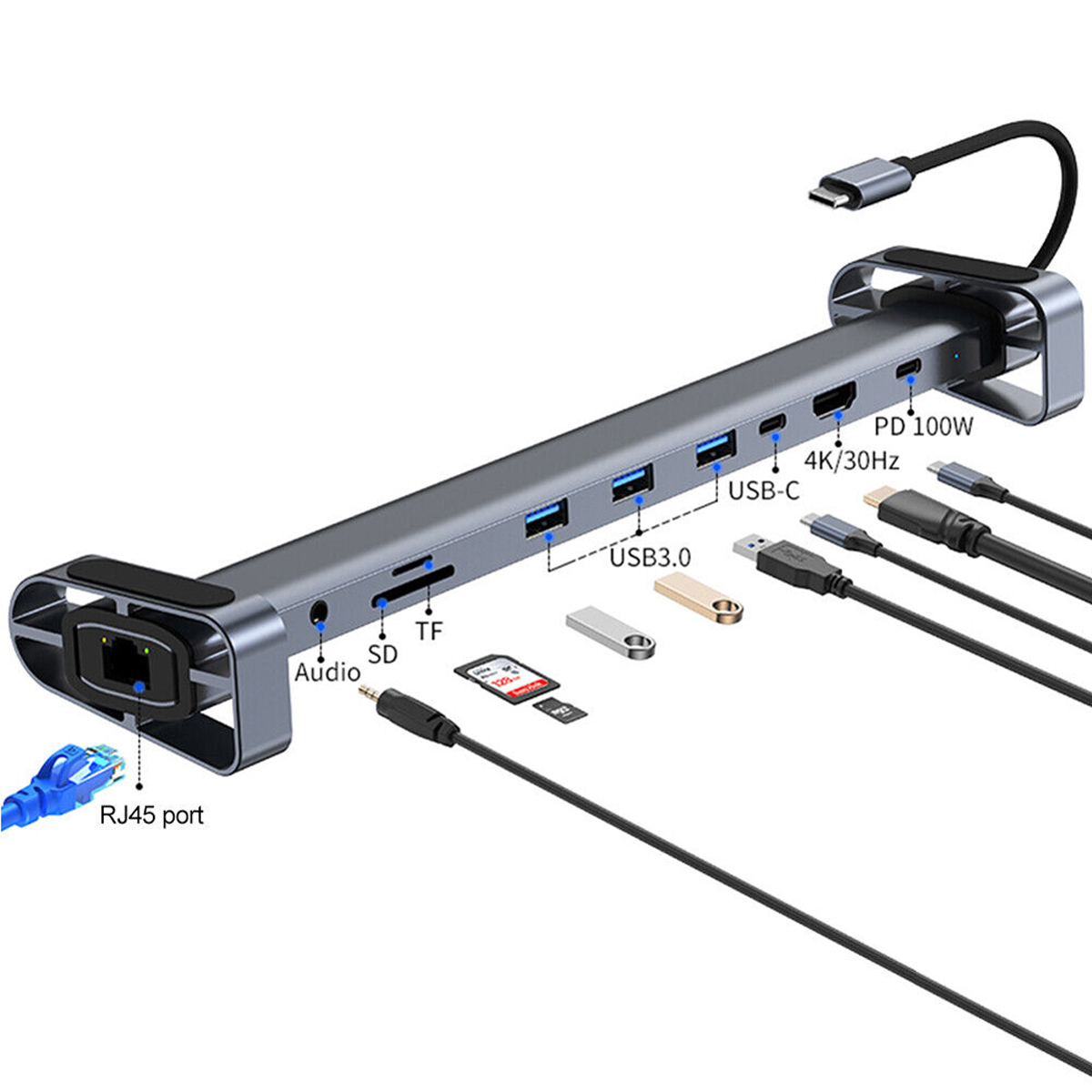 Grauer USB-C-Hub mit Anschlüssen für RJ45, Audio, SD, TF, USB 3.0, USB-C, 4K/30Hz und PD 100W.