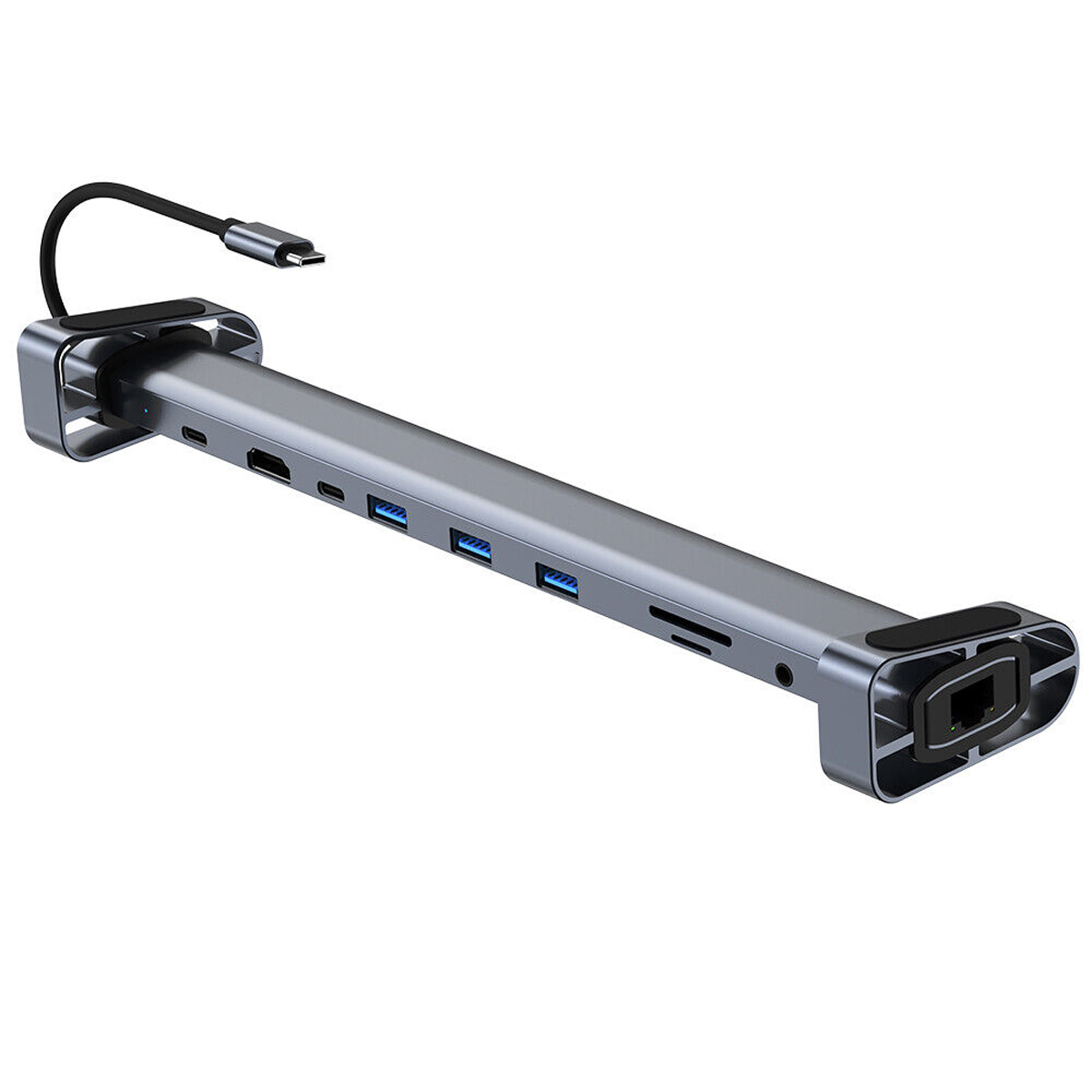 Grauer USB-C-Hub mit mehreren Anschlüssen, HDMI, SD-Kartensteckplatz und Ethernet.