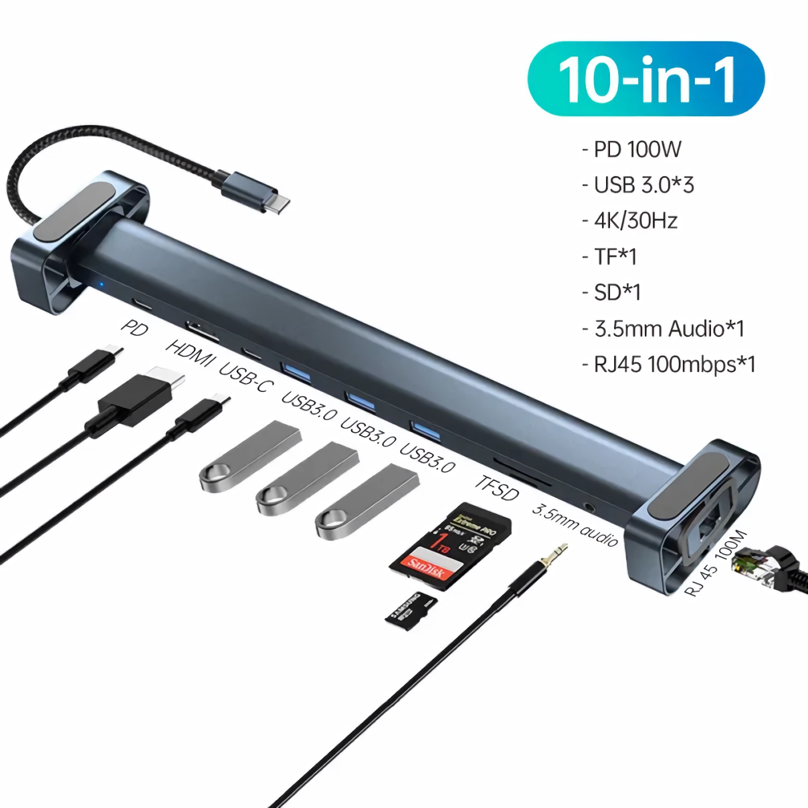 Ein 10-in-1-USB-C-Hub mit Anschlüssen für PD, HDMI, USB 3.0, TF, SD, Audio und RJ45.