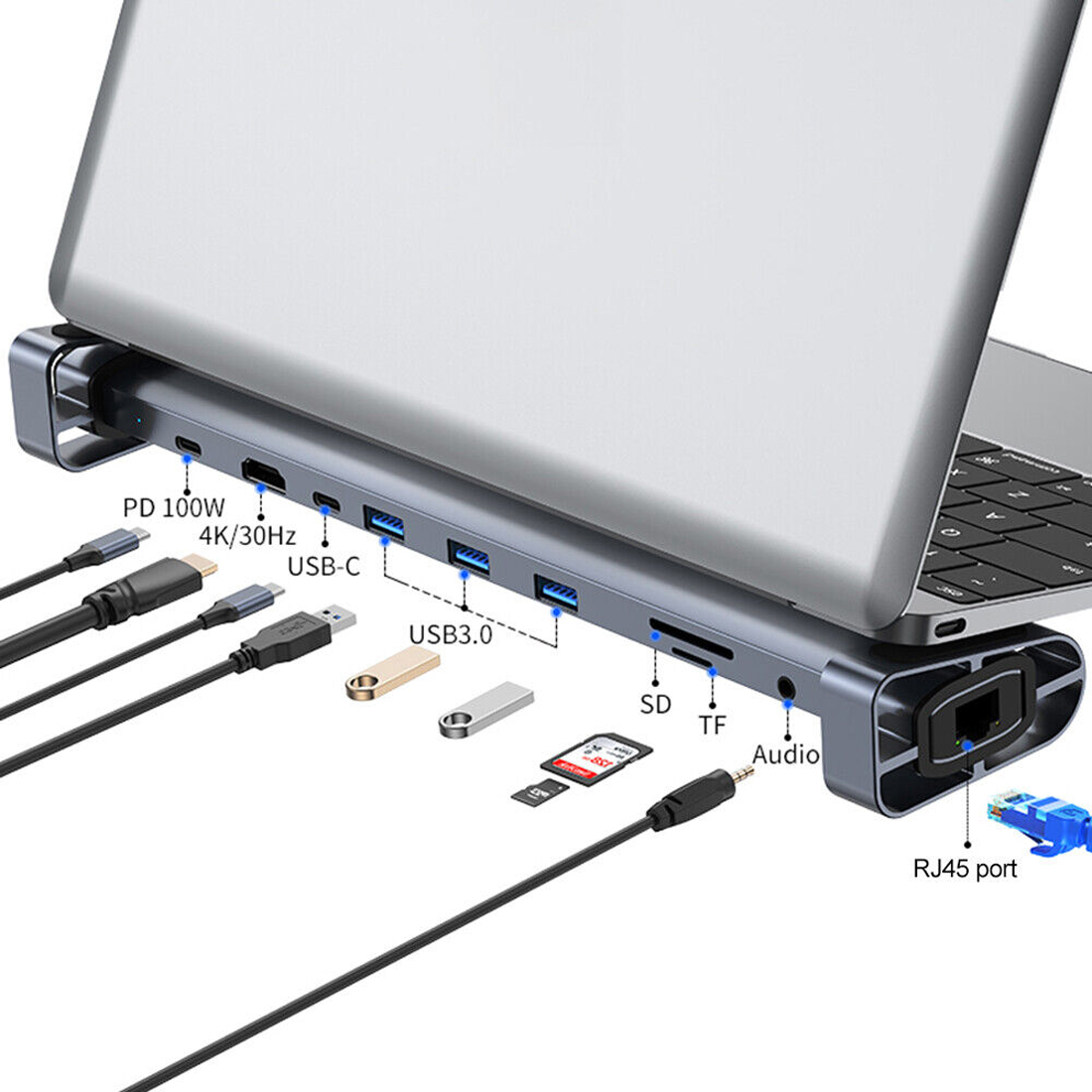 Laptop verbunden mit einem Multiport-Hub mit USB-C, USB 3.0, SD, TF, Audio, RJ45.