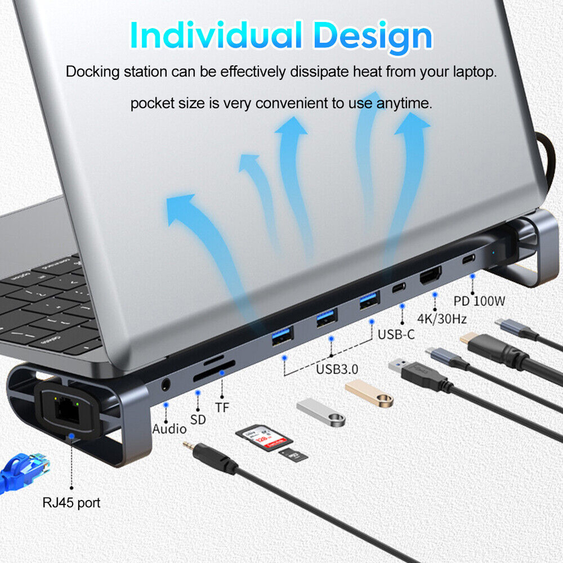 Ein Laptop mit Dockingstation, die Anschlüsse für RJ45, Audio, SD, TF, USB-C, USB 3.0 hat.