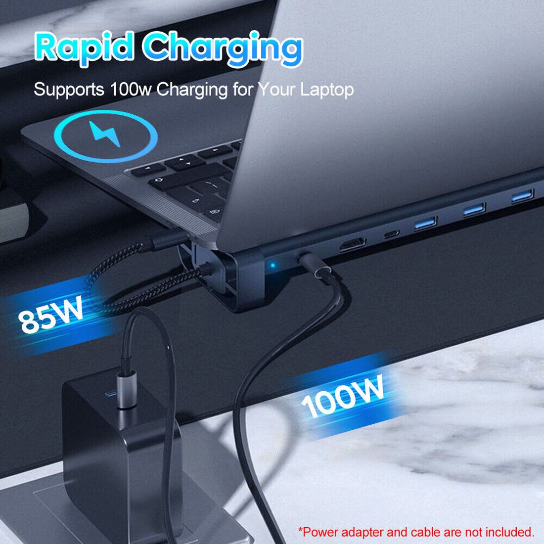 Laptop-Dockingstation mit 85W und 100W Ladeanzeigen und Anschlüssen.