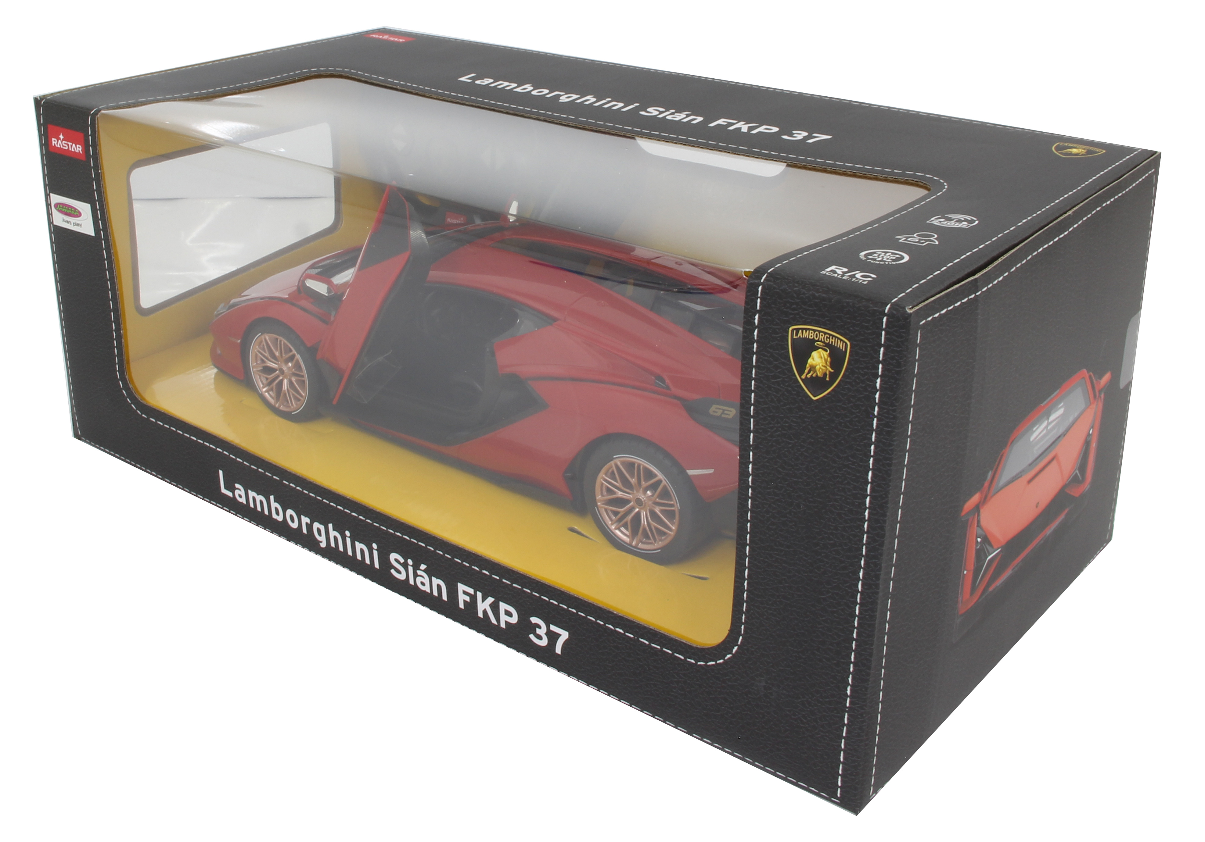 Rotes Lamborghini-Spielzeugauto in schwarzer Verpackung mit transparentem Fenster.