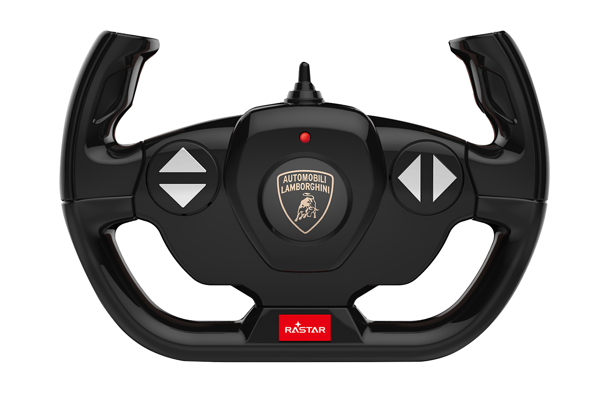 Schwarzer ferngesteuerter Lenkrad-Controller mit Lamborghini-Logo und Pfeiltasten.