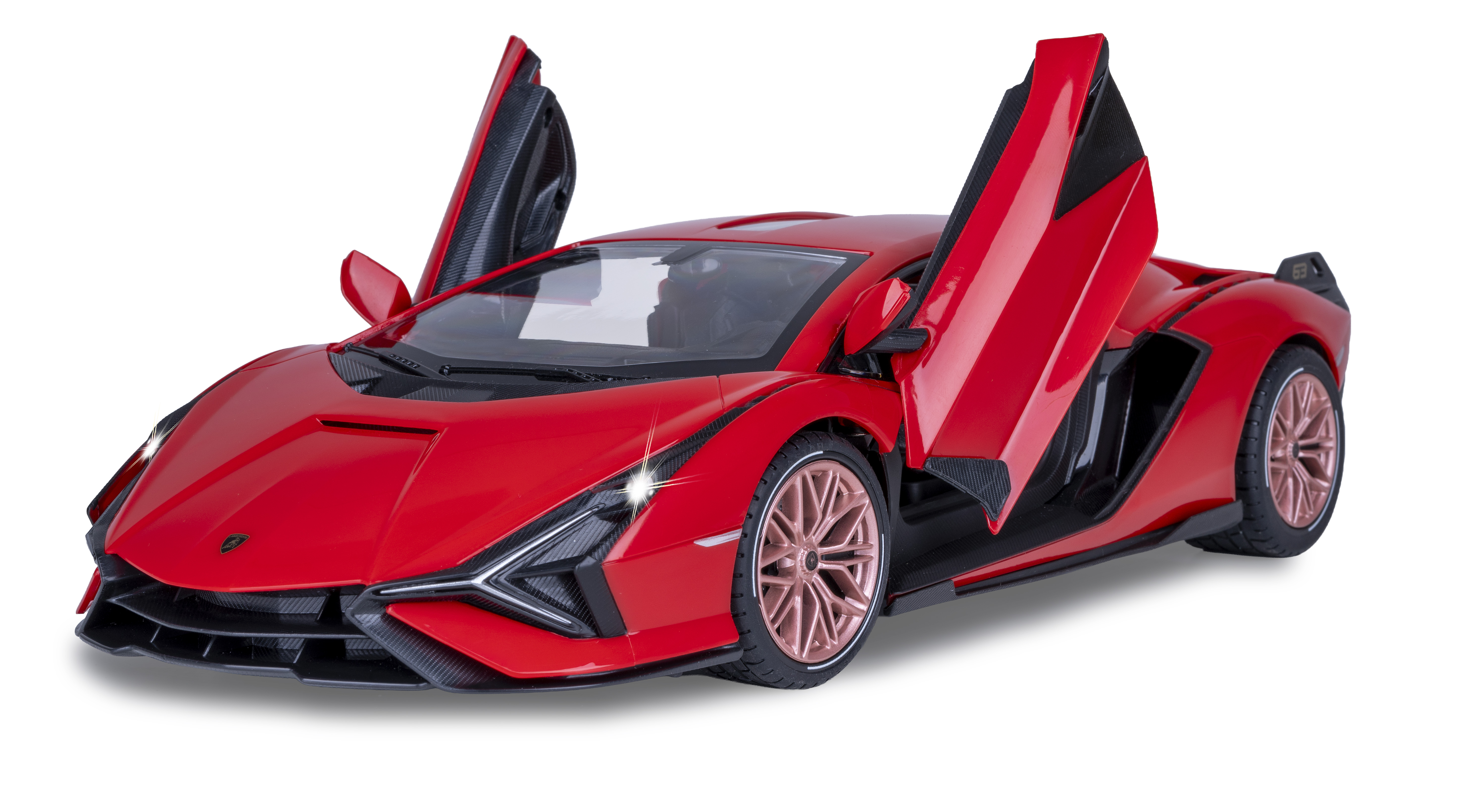Roter Sportwagen mit geöffneten Scherentüren, schwarzem Diffusor und roségoldenen Felgen.