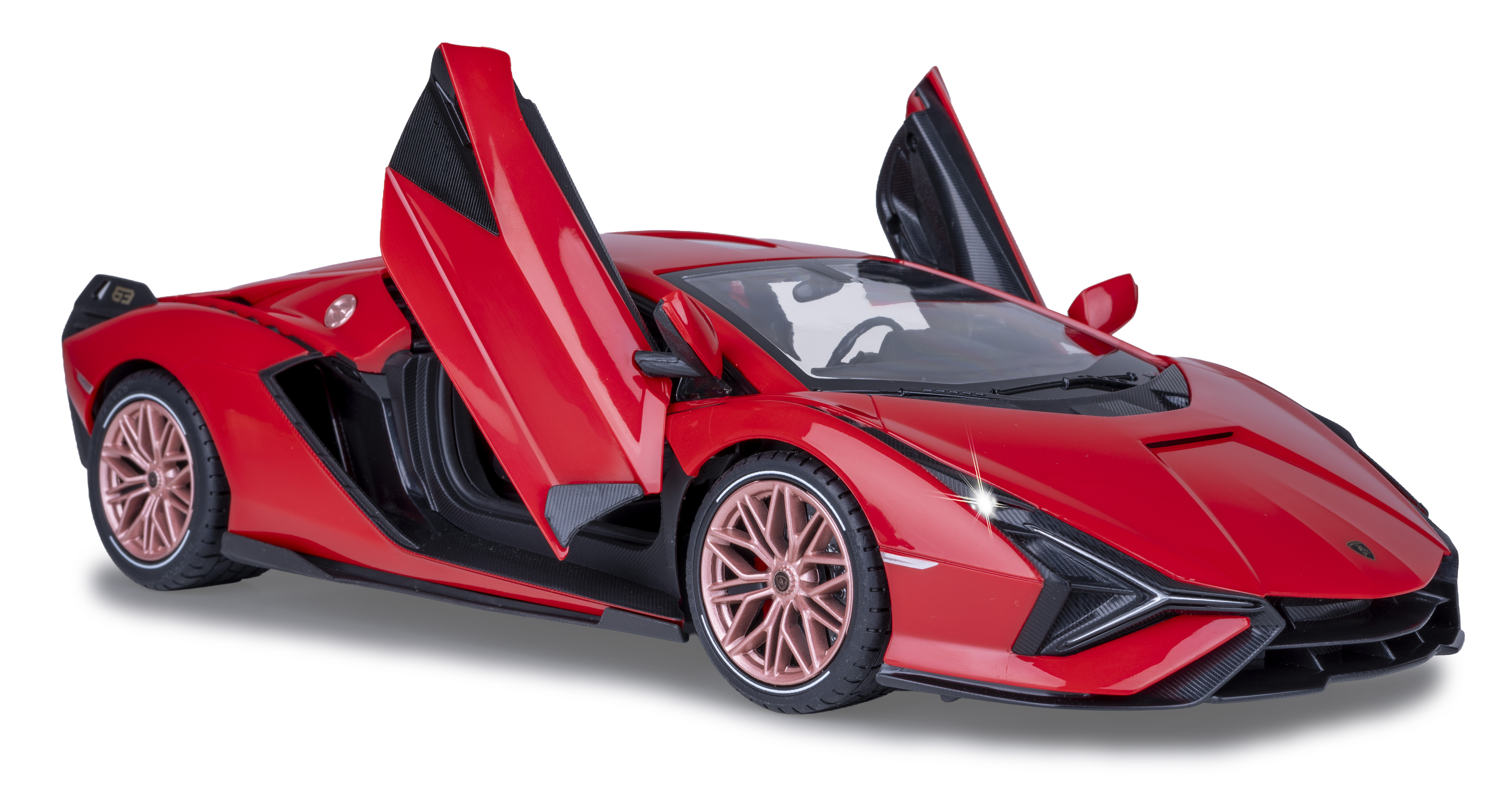 Ein rotes Sportwagenmodell mit geöffneten Flügeltüren und bronzefarbenen Felgen.